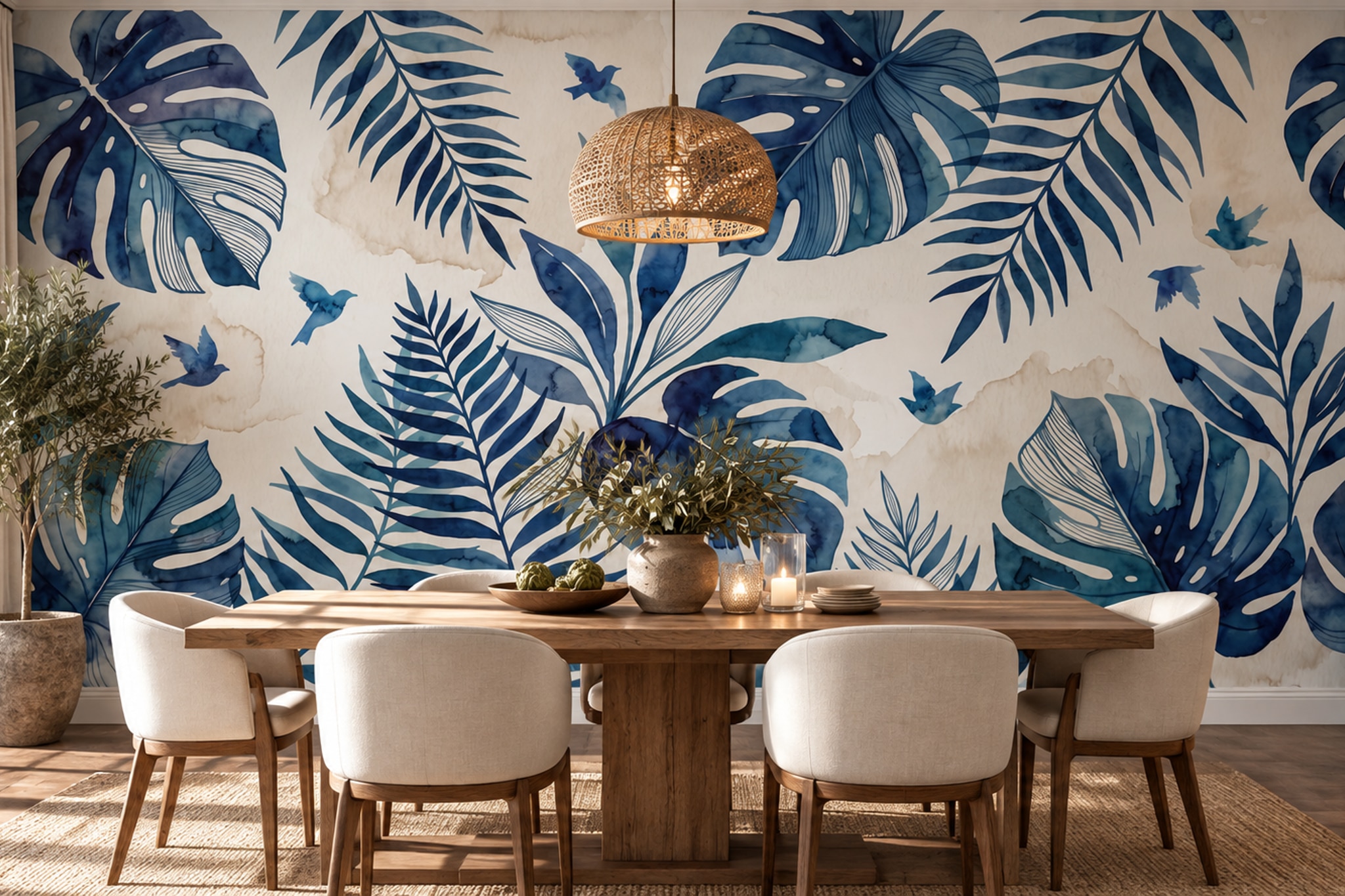 Blue Leaf Botanical Wallpaper Mural Dining-room-wallpaper-murals, Shown In A Dining Room, Peel-and-stick Finish