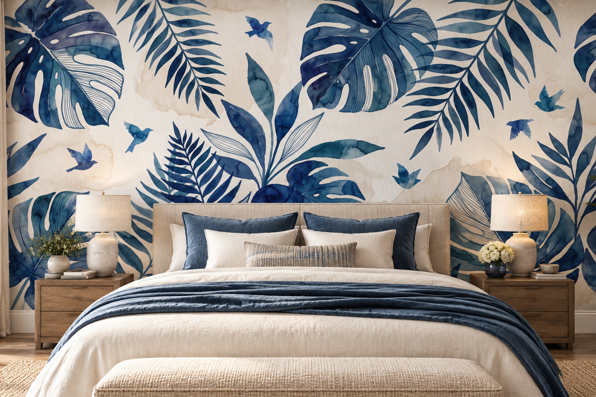 Blue Leaf Botanical Wallpaper Mural Living-room-wallpaper-murals, Peel-and-stick Finish