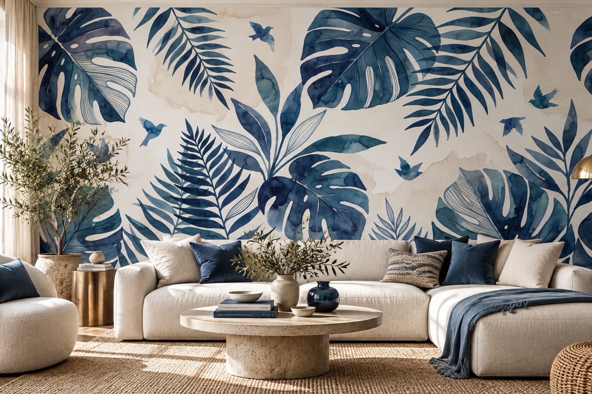 Blue Leaf Botanical Wallpaper Mural Living-room-wallpaper-murals, Peel-and-stick Finish