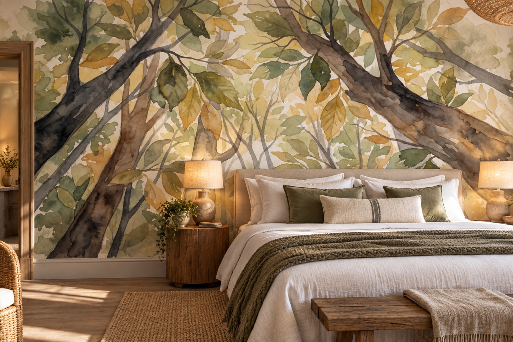 Watercolour Tree Canopy In Green And Gold Wallpaper Mural — Installed Wallpaper Mural In A Bedroom, Peel-and-stick Finish