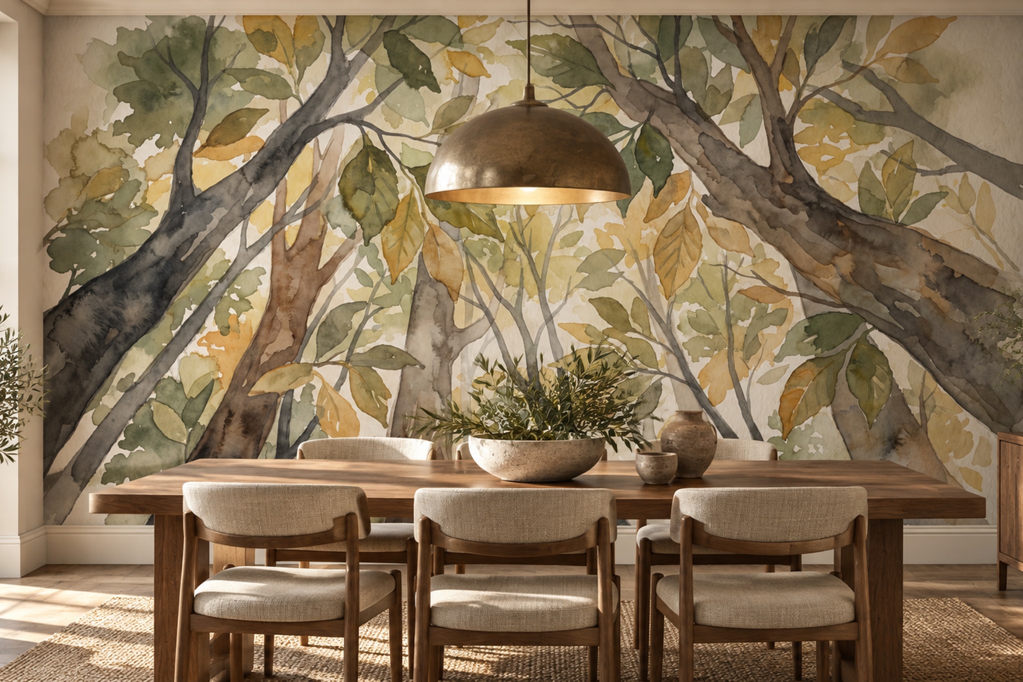 Green Pattern Decorative Wallpaper Mural Layered Organic Forms Wallpaper Dining-room-wallpaper-murals, Shown In A Dining Room, Peel-and-stick Finish