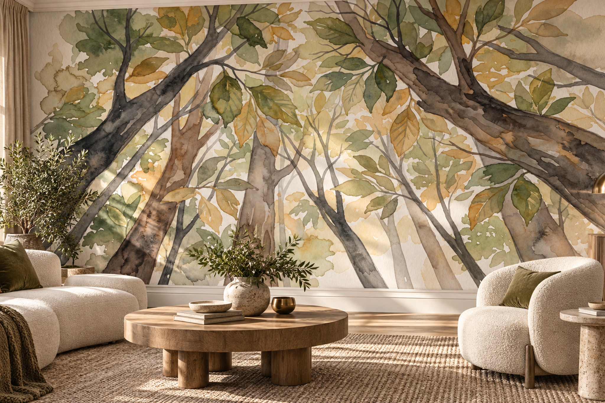 Green Pattern Decorative Wallpaper Mural Layered Organic Forms Wallpaper Bedroom-wallpaper-murals, Peel-and-stick Finish