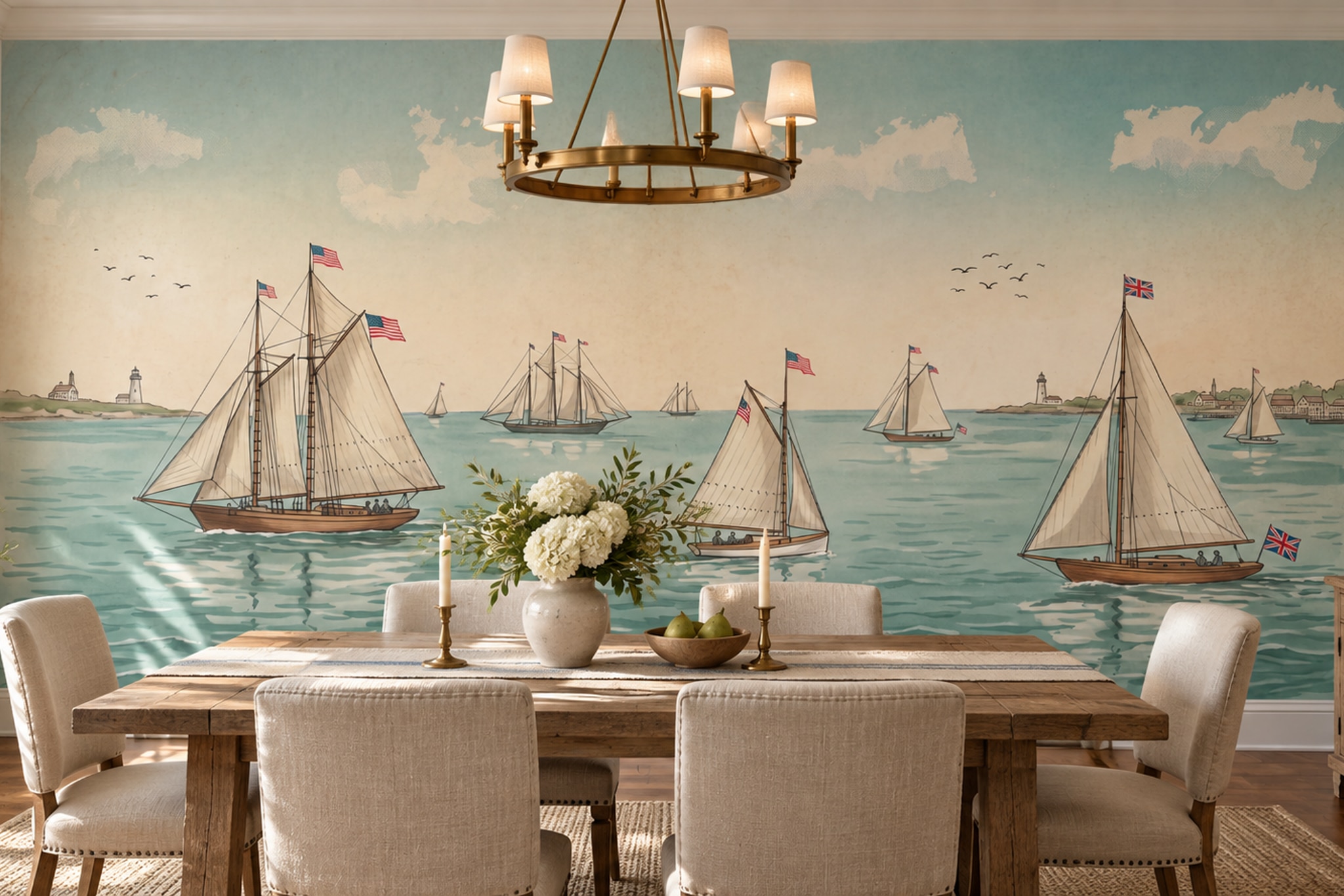 Teal Pattern Decorative Wallpaper Mural Layered Composition Wallpaper Dining-room-wallpaper-murals, Shown In A Dining Room, Peel-and-stick Finish