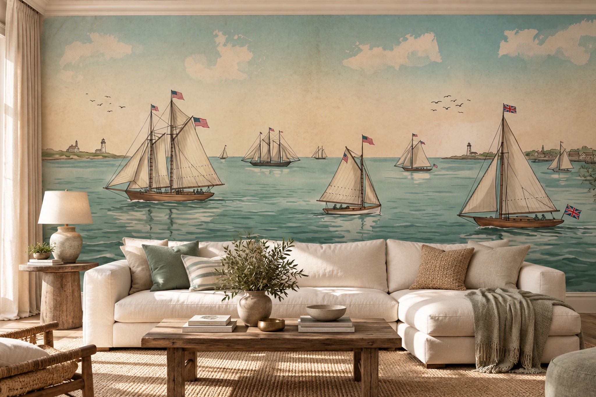 Vintage Sailboat Regatta Wallpaper Mural — Wallpaper Mural Design, Peel-and-stick Finish