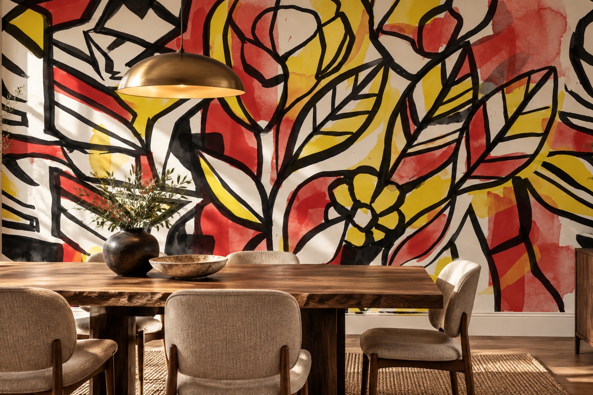 Red Floral Botanical Decorative Wallpaper Mural Dining-room-wallpaper-murals, Shown In A Dining Room, Peel-and-stick Finish
