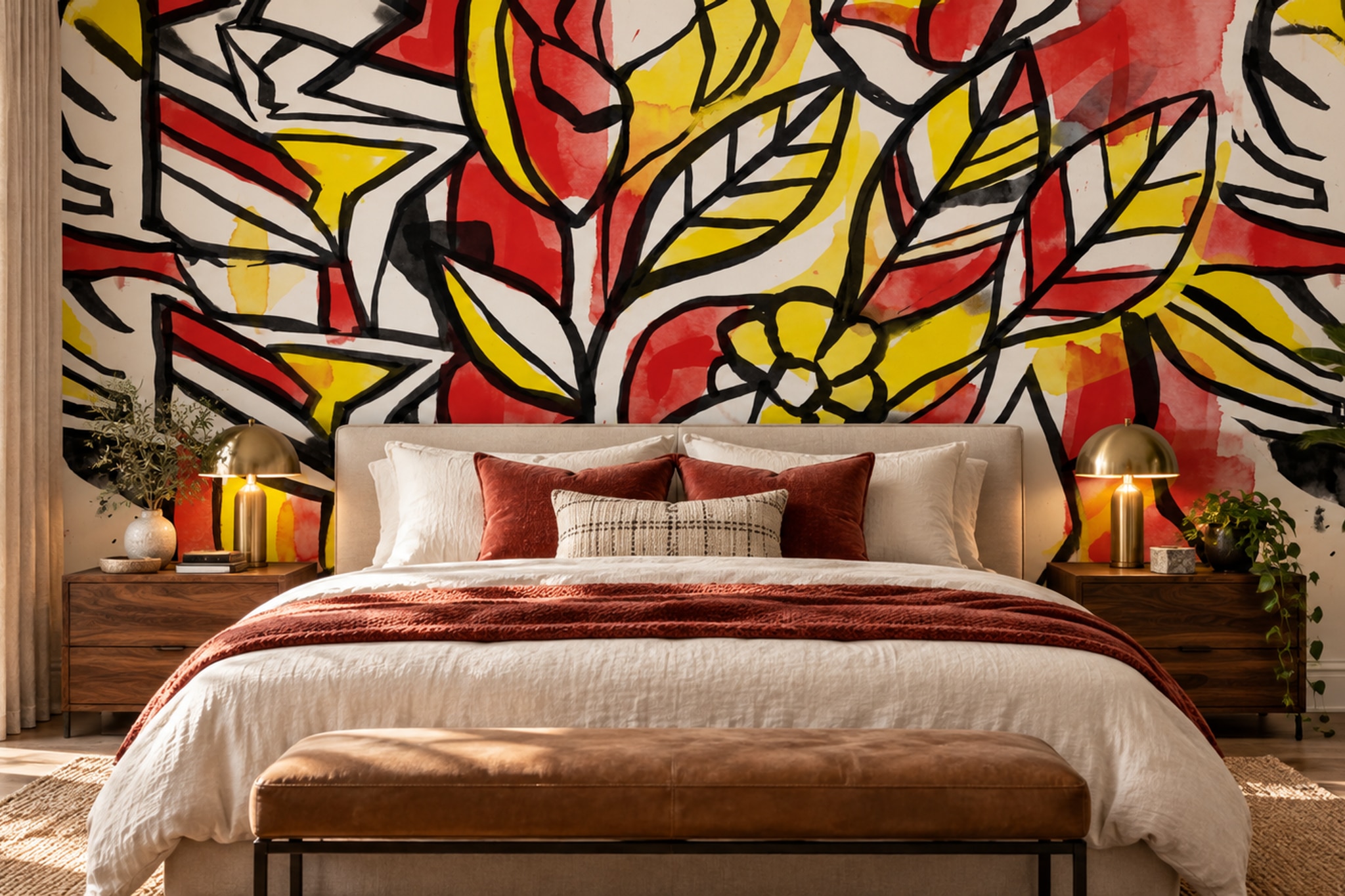 Red Floral Botanical Decorative Wallpaper Mural Bedroom-wallpaper-murals, Peel-and-stick Finish