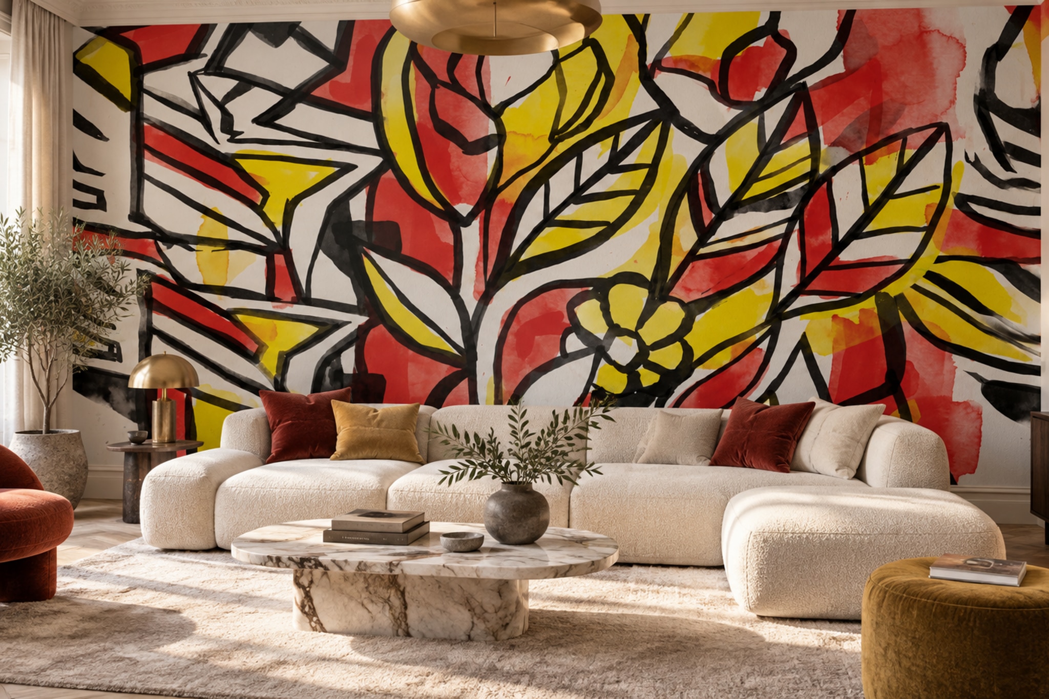 Red Floral Botanical Decorative Wallpaper Mural Living-room-wallpaper-murals, Peel-and-stick Finish
