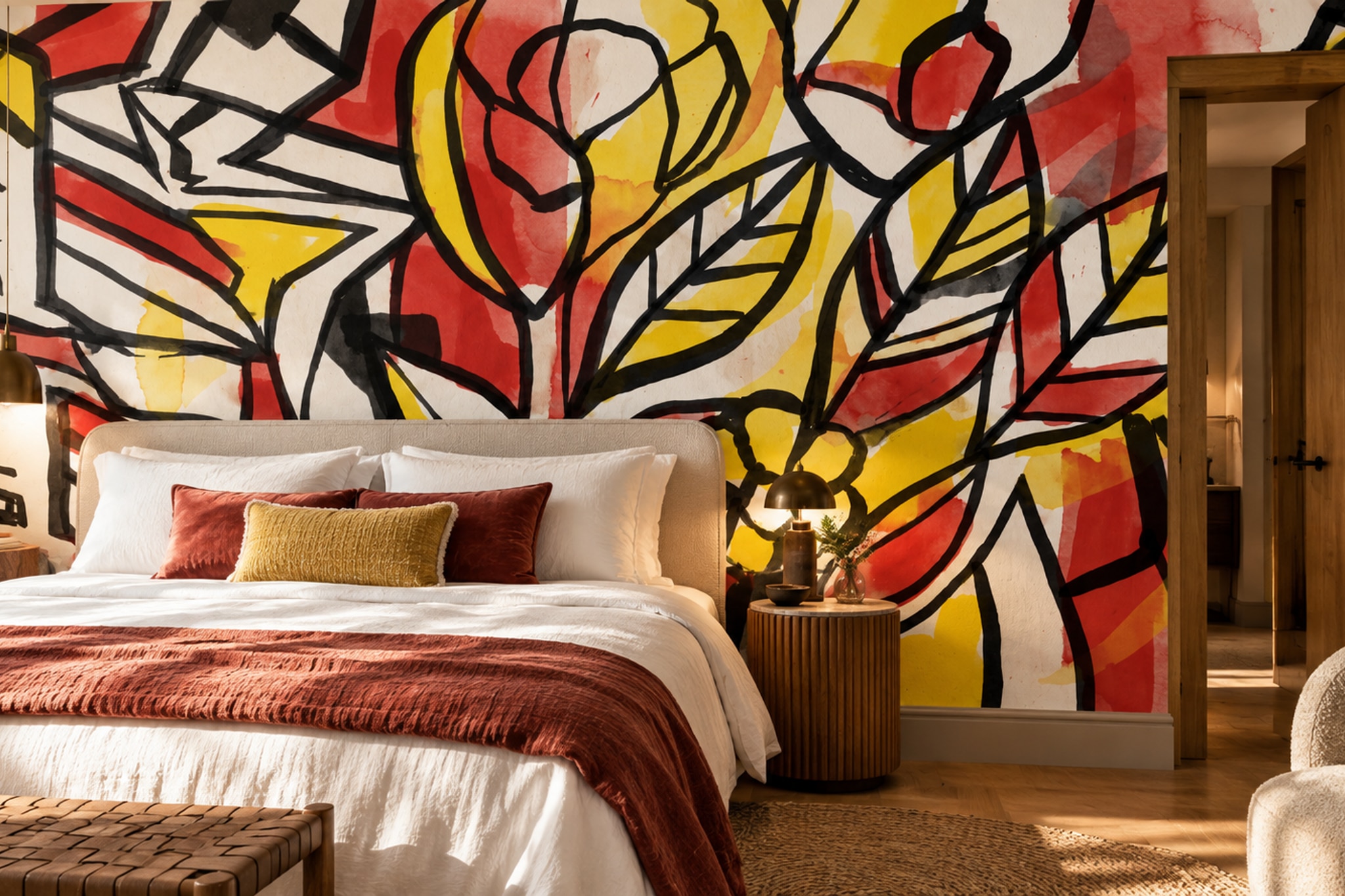 Red Floral Botanical Decorative Wallpaper Mural Living-room-wallpaper-murals, Peel-and-stick Finish