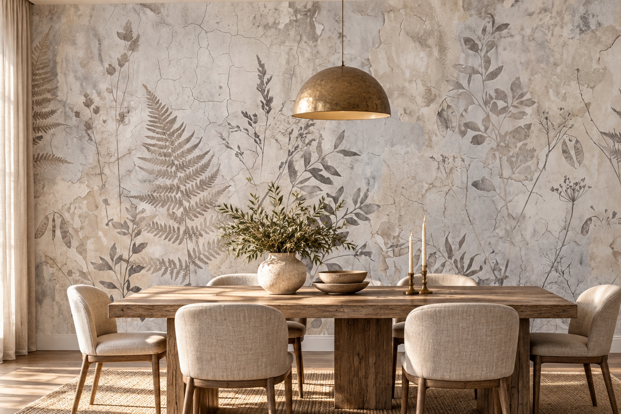 Monochrome Botanical Silhouettes On Cracked Plaster Wallpaper Mural — Wallpaper Mural Design, Peel-and-stick Finish