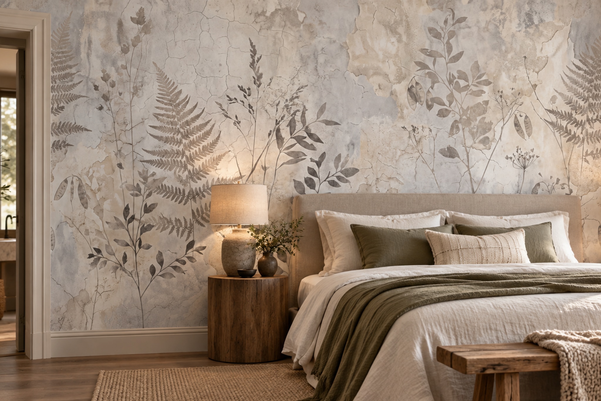 Beige Botanical Botanical Decorative Wallpaper Mural Bedroom-wallpaper-murals, Peel-and-stick Finish