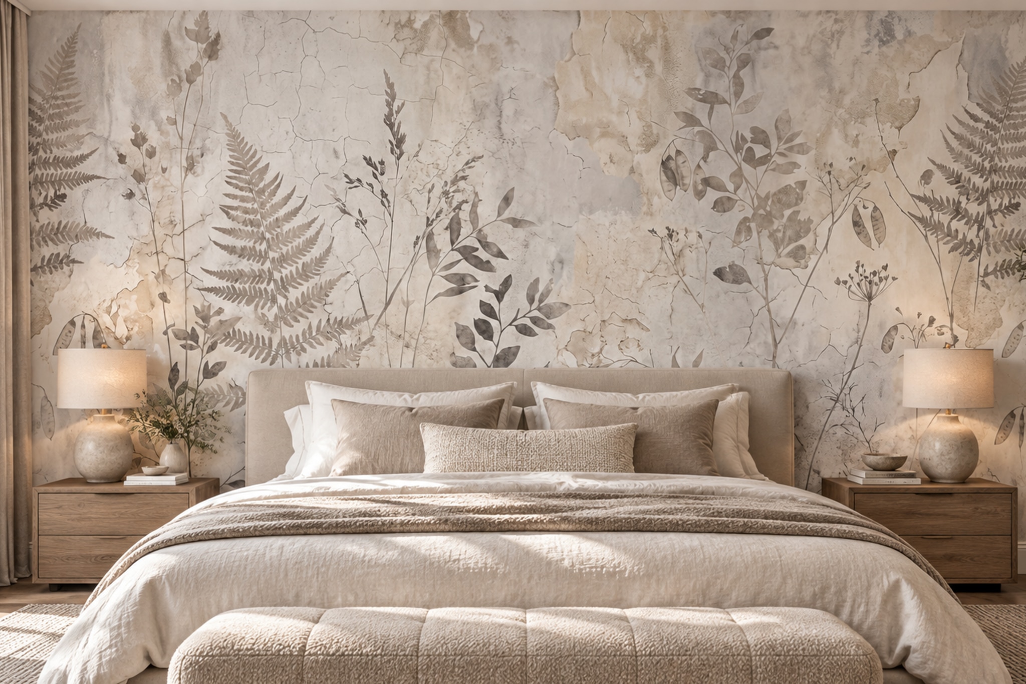 Beige Botanical Botanical Decorative Wallpaper Mural Bedroom-wallpaper-murals, Peel-and-stick Finish