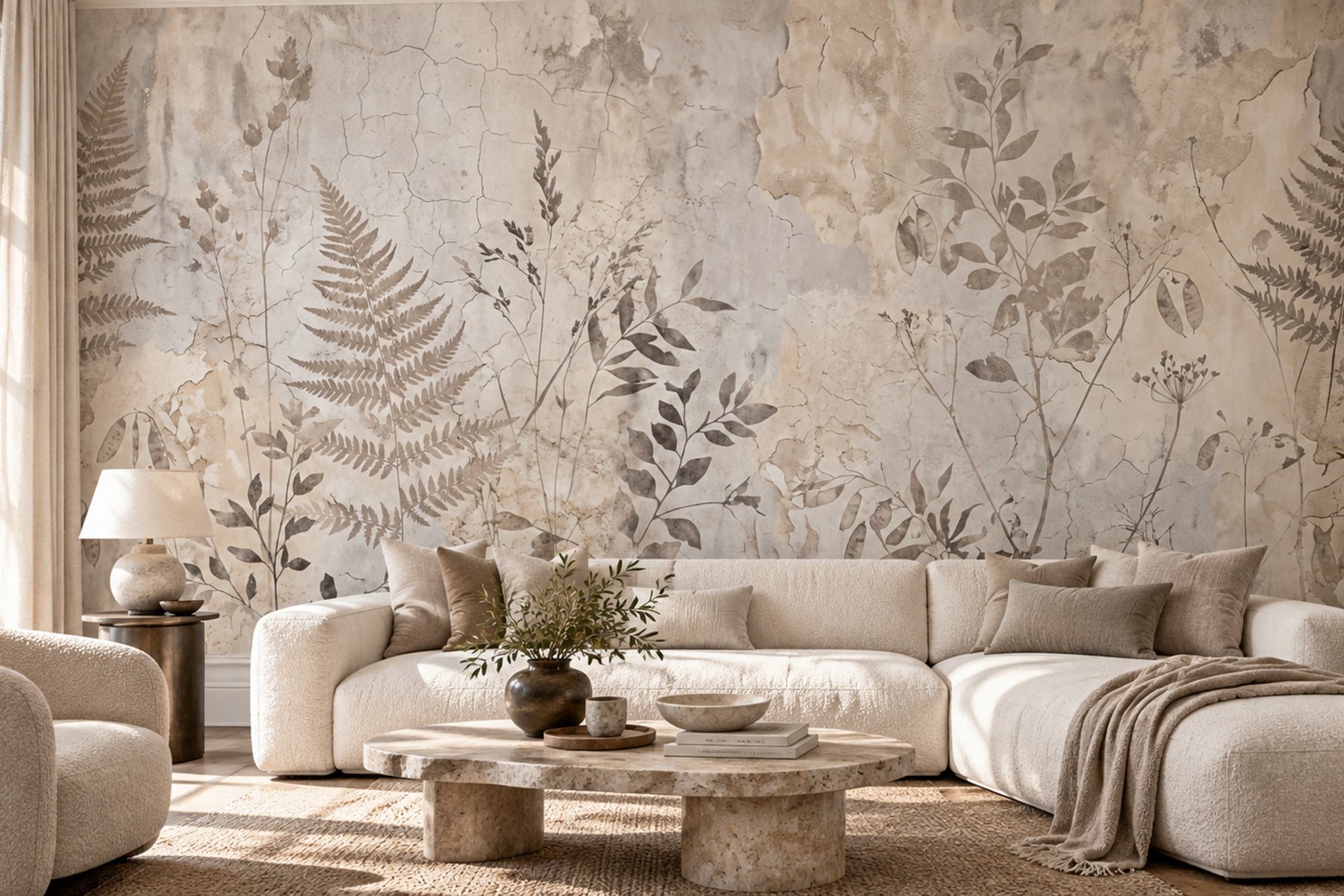 Beige Botanical Botanical Decorative Wallpaper Mural Accent-wall-wallpaper-murals, Peel-and-stick Finish