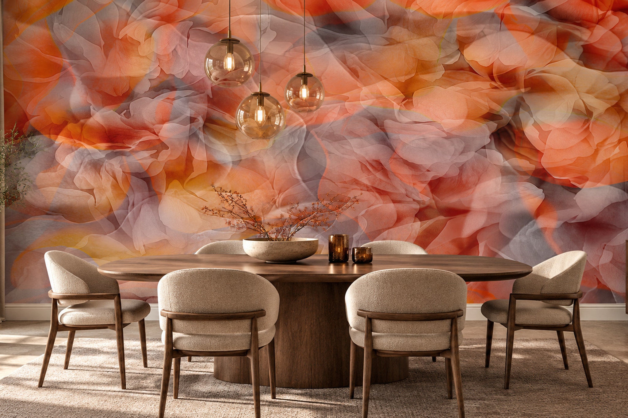 Orange Pattern Decorative Textured Wallpaper Mural Dining-room-wallpaper-murals, Shown In A Dining Room, Peel-and-stick Finish