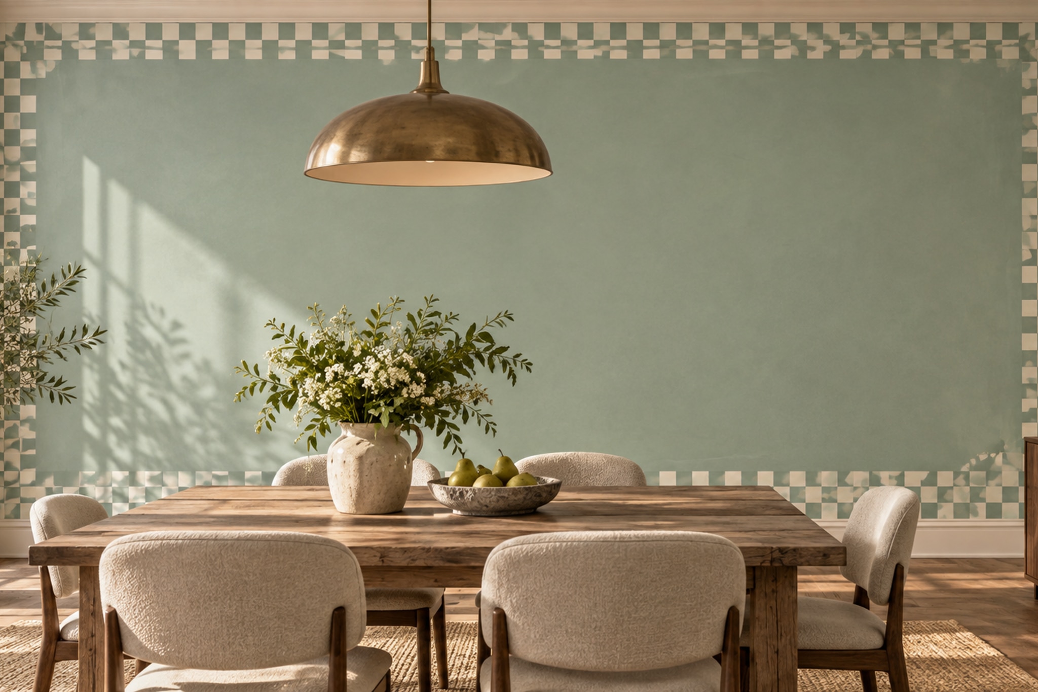 Sage Pattern Decorative Wallpaper Mural Layered Checks Wallpaper Mural Dining-room-wallpaper-murals, Shown In A Dining Room, Peel-and-stick Finish