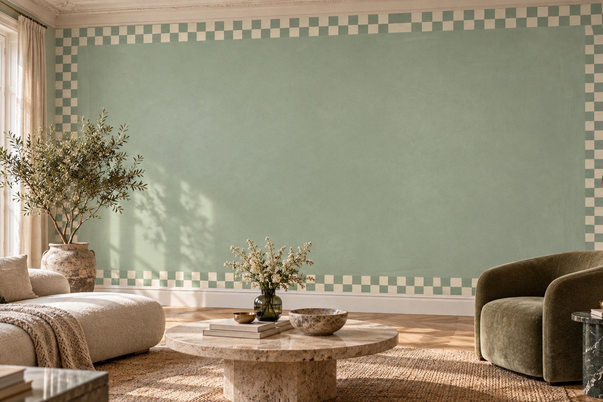 Sage Green Gingham Border Wallpaper Mural — Wallpaper Mural Design, Peel-and-stick Finish