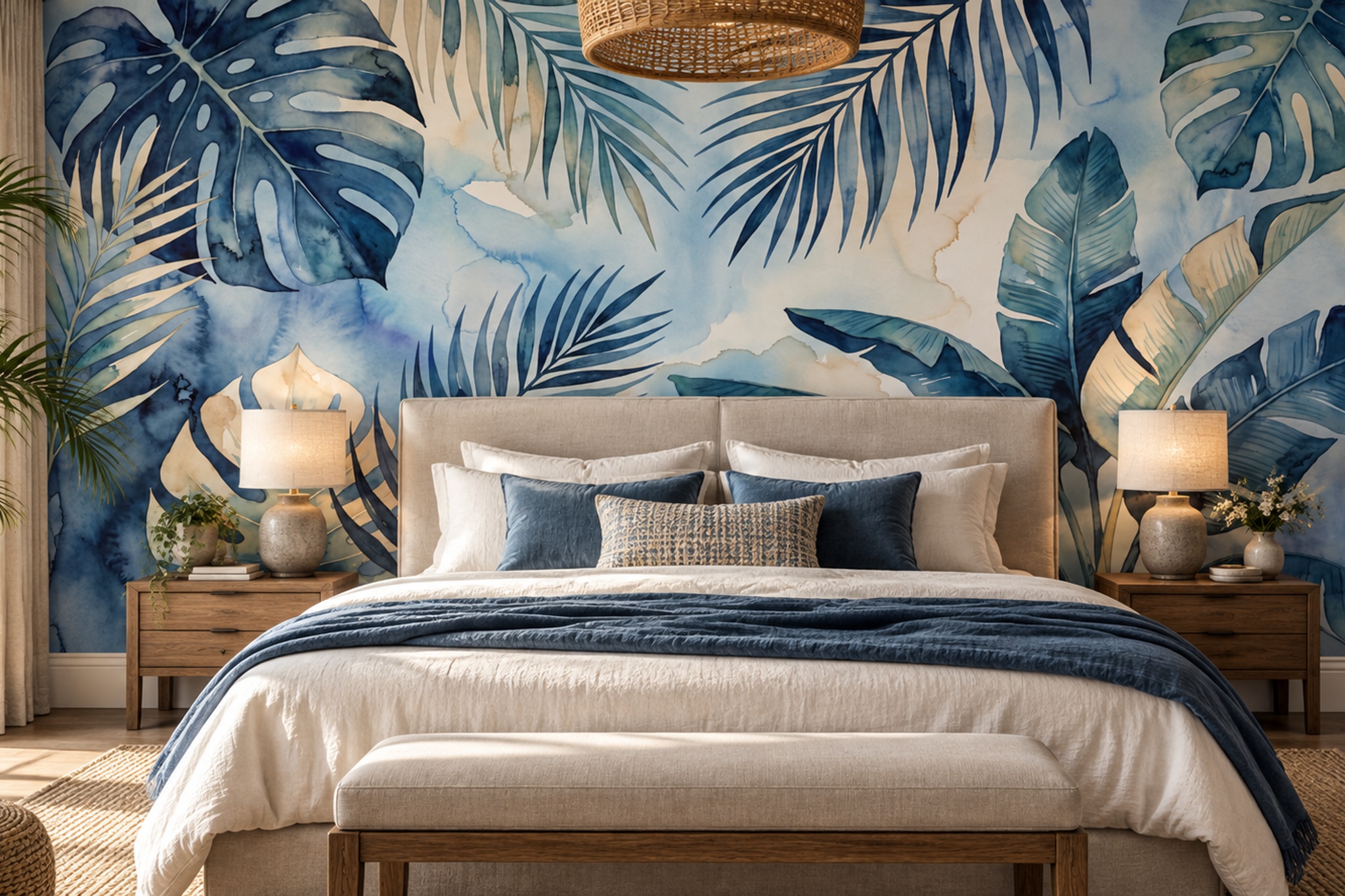 Blue Leaf Botanical Decorative Wallpaper Mural Bedroom-wallpaper-murals, Peel-and-stick Finish