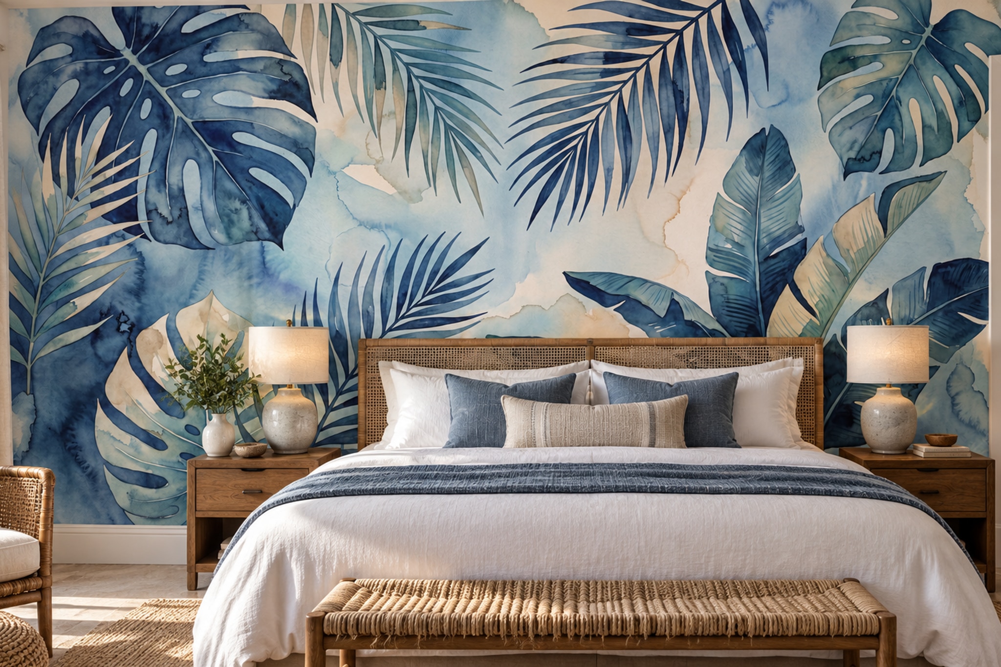 Blue Leaf Botanical Decorative Wallpaper Mural Bedroom-wallpaper-murals, Peel-and-stick Finish