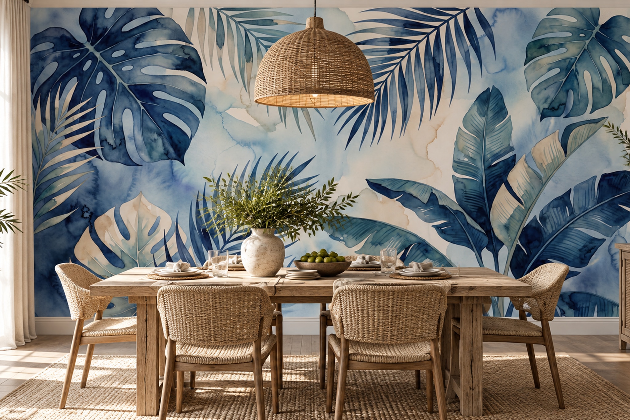 Blue Leaf Botanical Decorative Wallpaper Mural Dining-room-wallpaper-murals, Peel-and-stick Finish