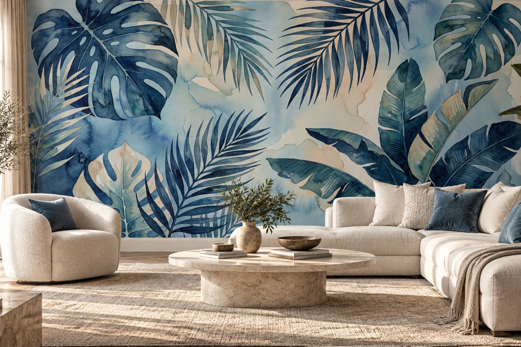 Blue Leaf Botanical Decorative Wallpaper Mural Dining-room-wallpaper-murals, Peel-and-stick Finish
