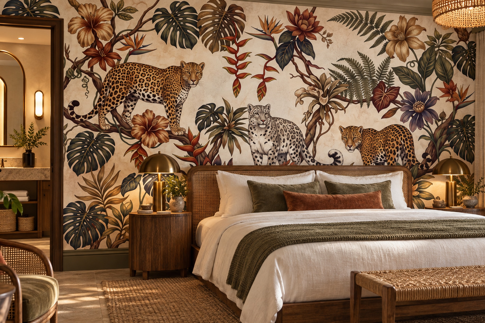 Spotted Leopards Among Tropical Flowers Wallpaper Mural — Installed Wallpaper Mural In A Bedroom, Peel-and-stick Finish