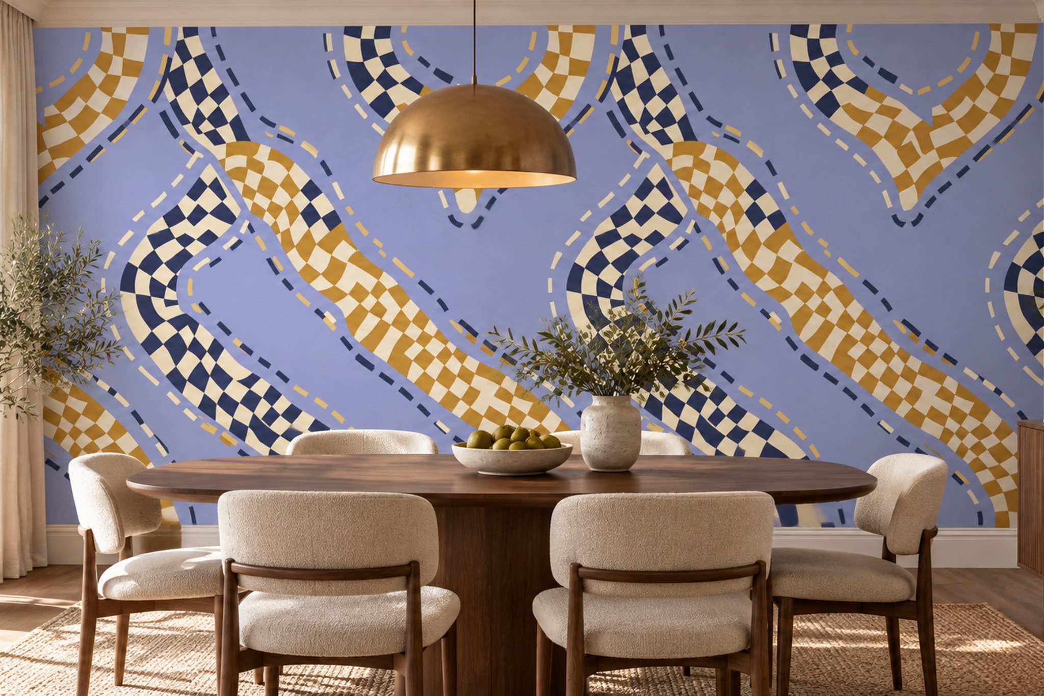 Lilac Pattern Decorative Organic Wallpaper Mural Dining-room-wallpaper-murals, Shown In A Dining Room, Peel-and-stick Finish