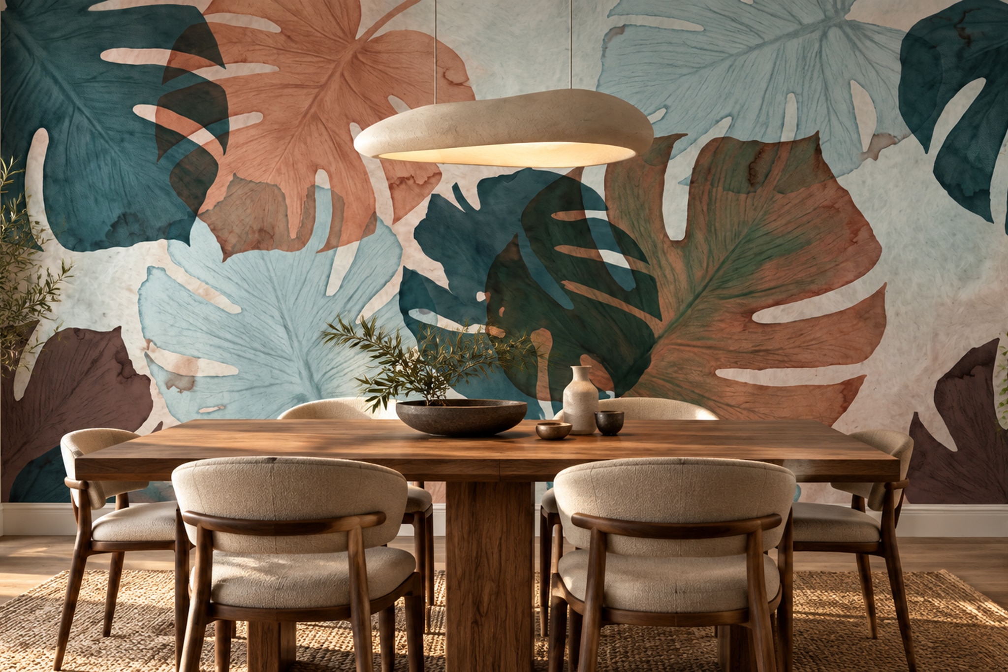 Teal Pattern Decorative Wallpaper Mural Layered Surface Wallpaper Mural Dining-room-wallpaper-murals, Shown In A Dining Room, Peel-and-stick Finish