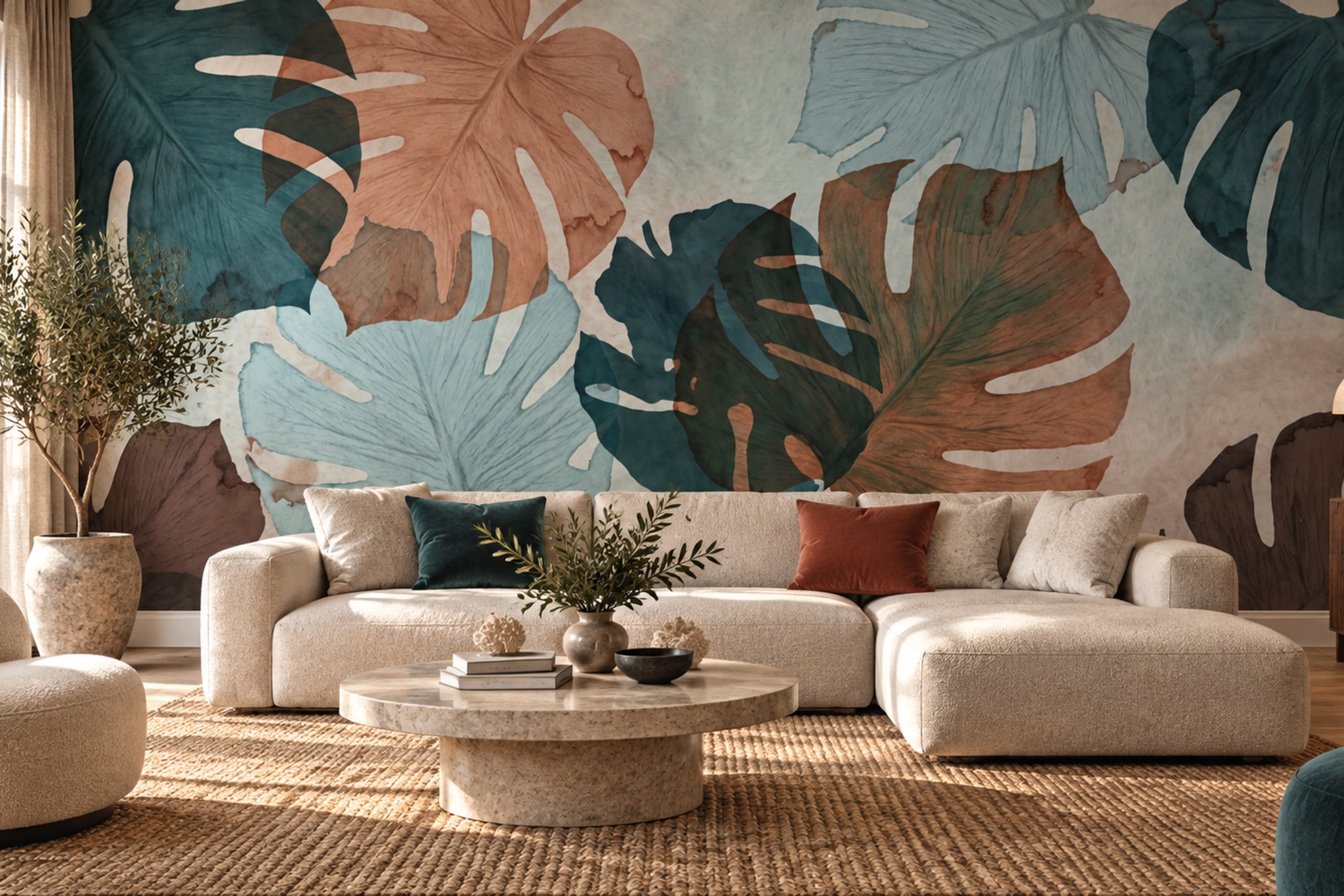 Teal Rust And Cream Tropical Leaf Wallpaper Mural — Wallpaper Mural Design, Peel-and-stick Finish