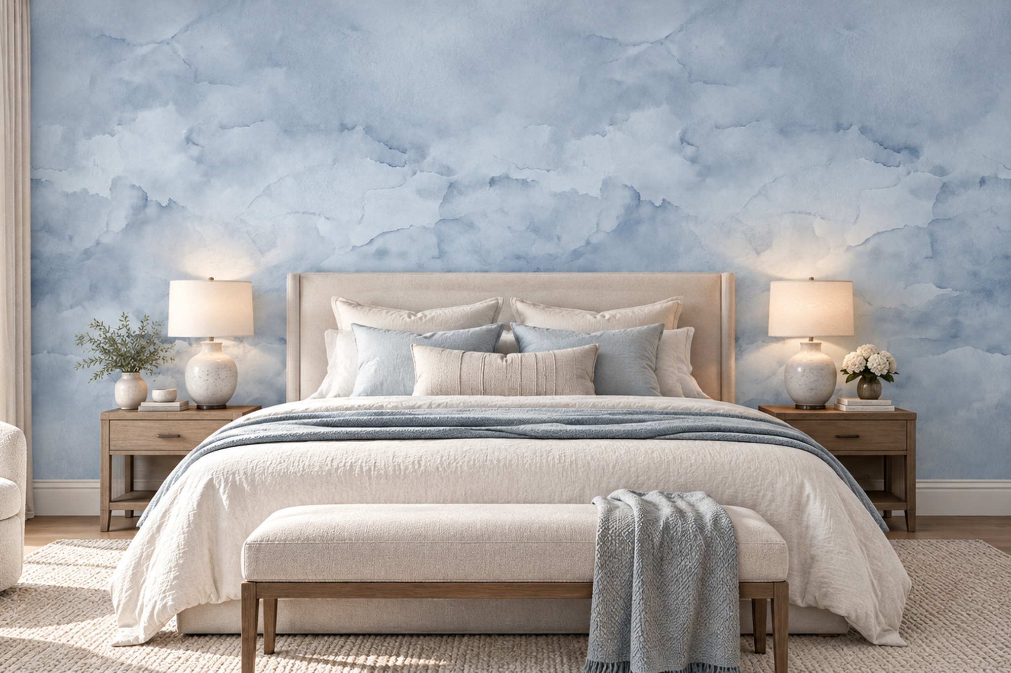 Blue Clouds Artful Wallpaper Mural Layered Composition Wallpaper Mural Bedroom-wallpaper-murals, Peel-and-stick Finish