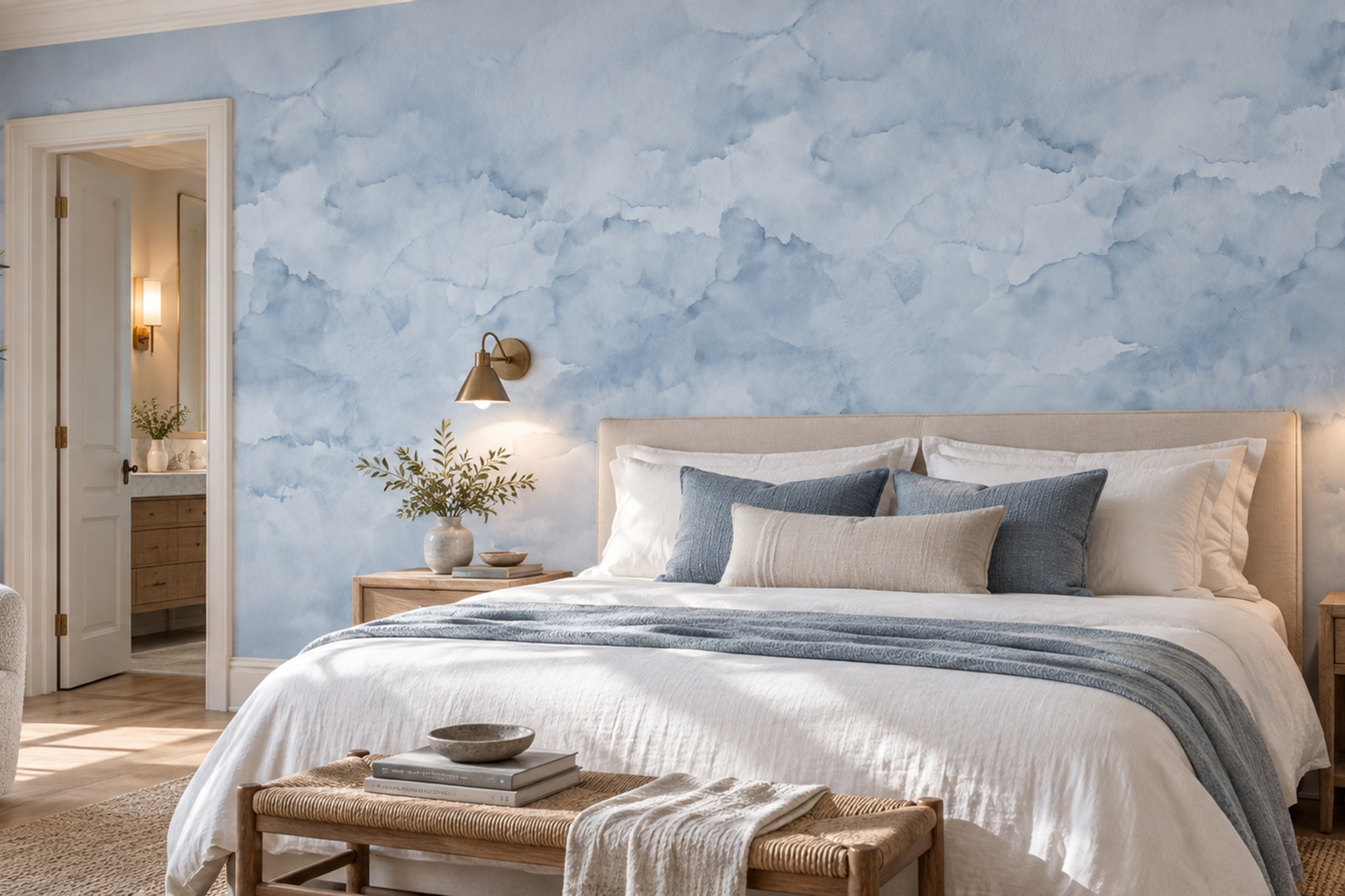 Blue Clouds Artful Wallpaper Mural Layered Composition Wallpaper Mural Bedroom-wallpaper-murals, Peel-and-stick Finish