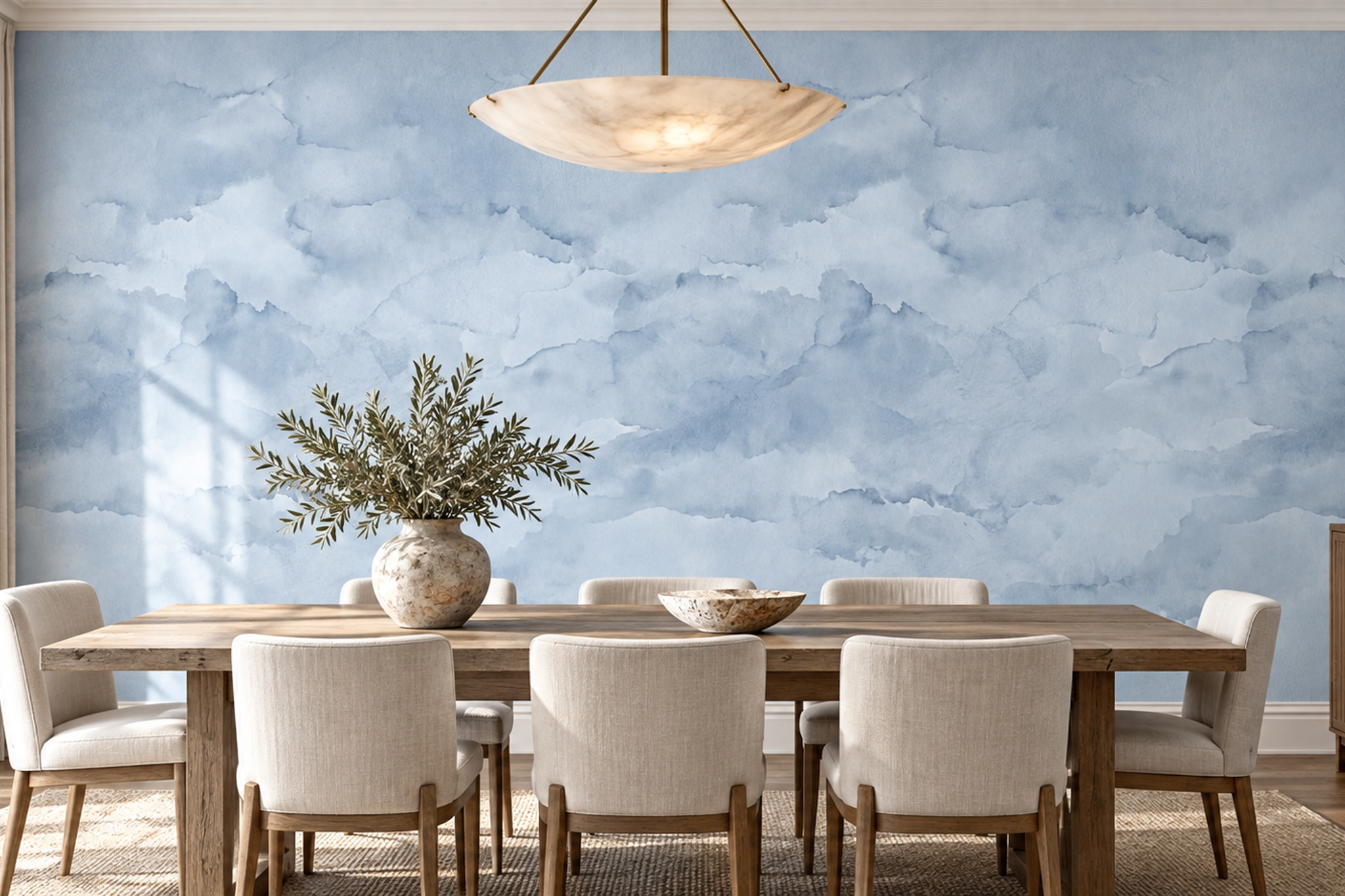 Blue Clouds Artful Wallpaper Mural Layered Composition Wallpaper Mural Dining-room-wallpaper-murals, Shown In A Dining Room, Peel-and-stick Finish