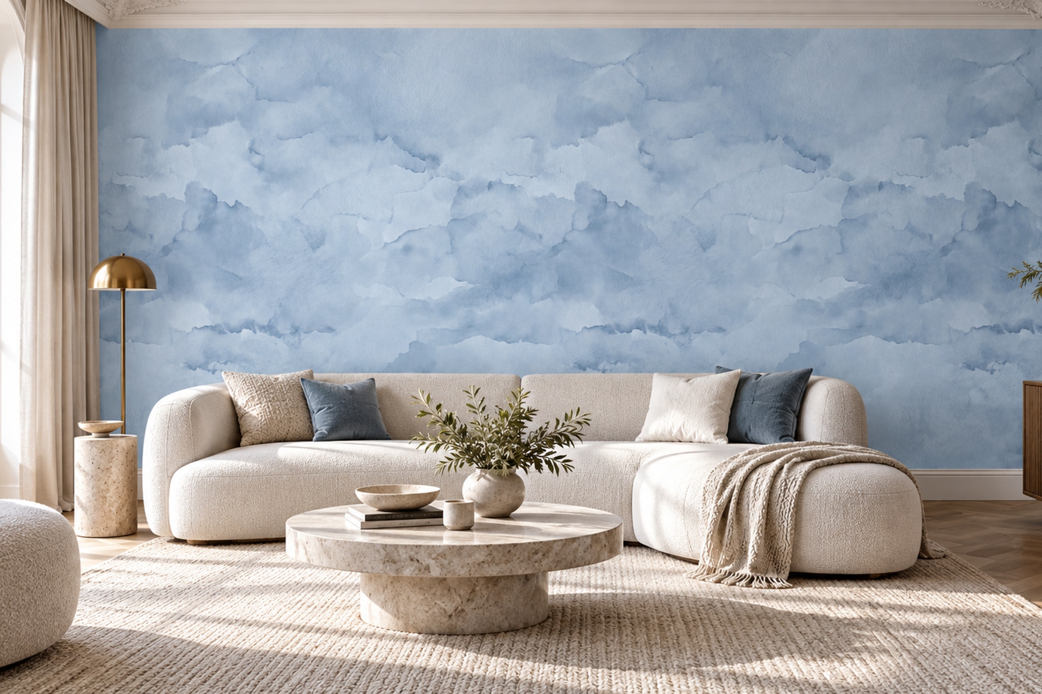 Blue Clouds Artful Wallpaper Mural Layered Composition Wallpaper Mural Feature-wall-wallpaper-murals, Peel-and-stick Finish