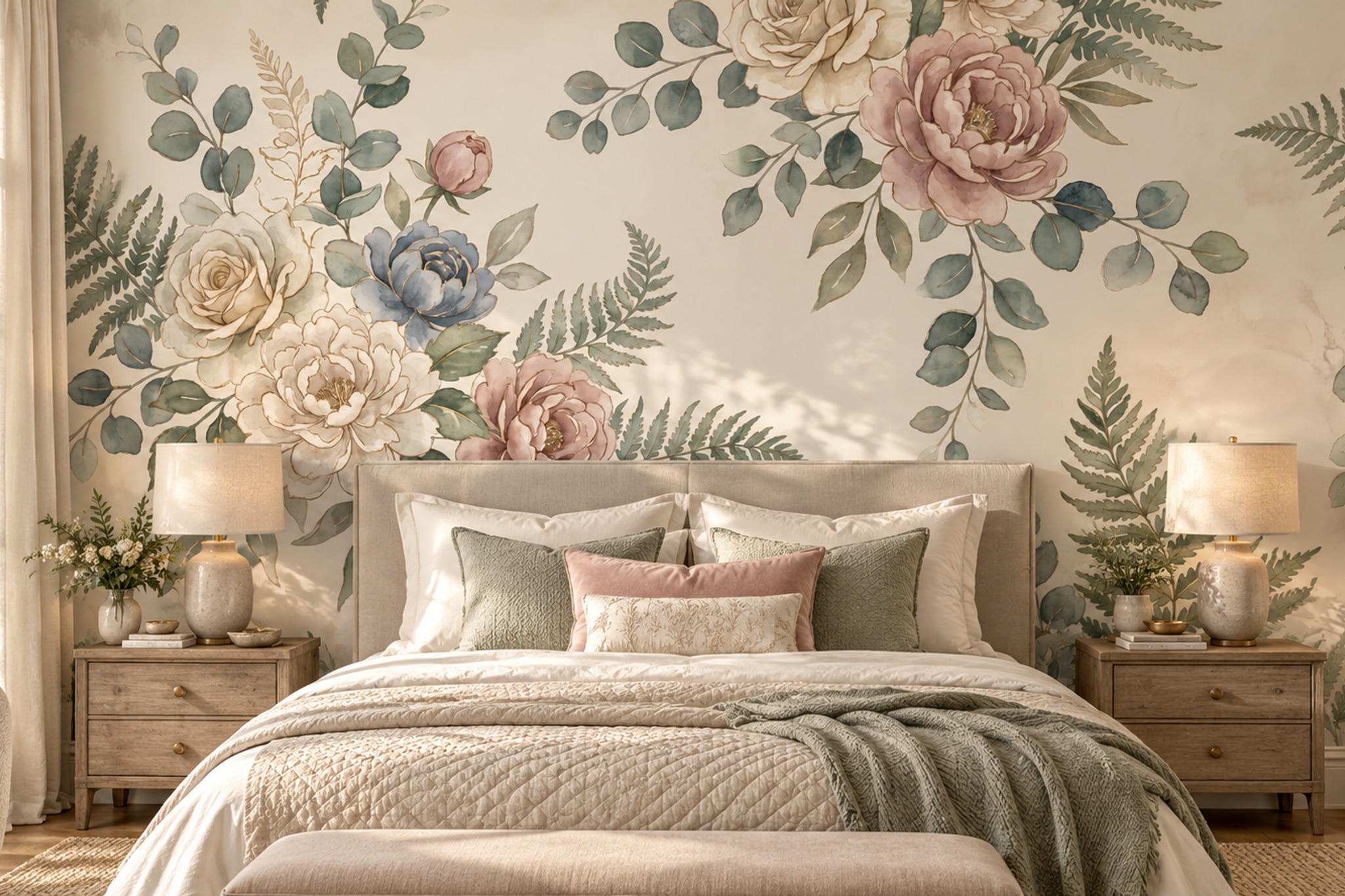 Pink Floral Botanical Wallpaper Mural Layered Bedroom-wallpaper-murals, Peel-and-stick Finish