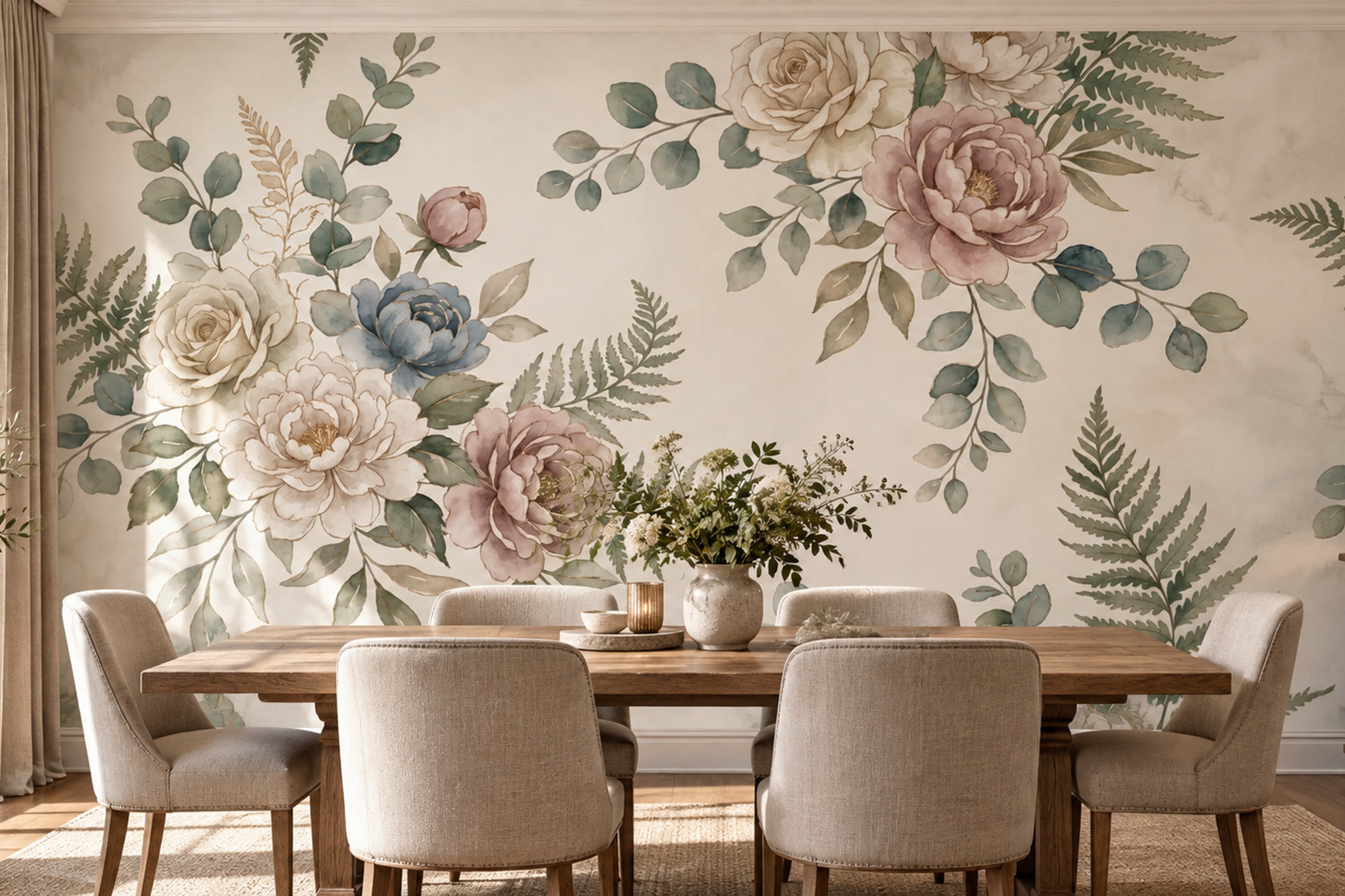 Pink Floral Botanical Wallpaper Mural Layered Dining-room-wallpaper-murals, Shown In A Dining Room, Peel-and-stick Finish