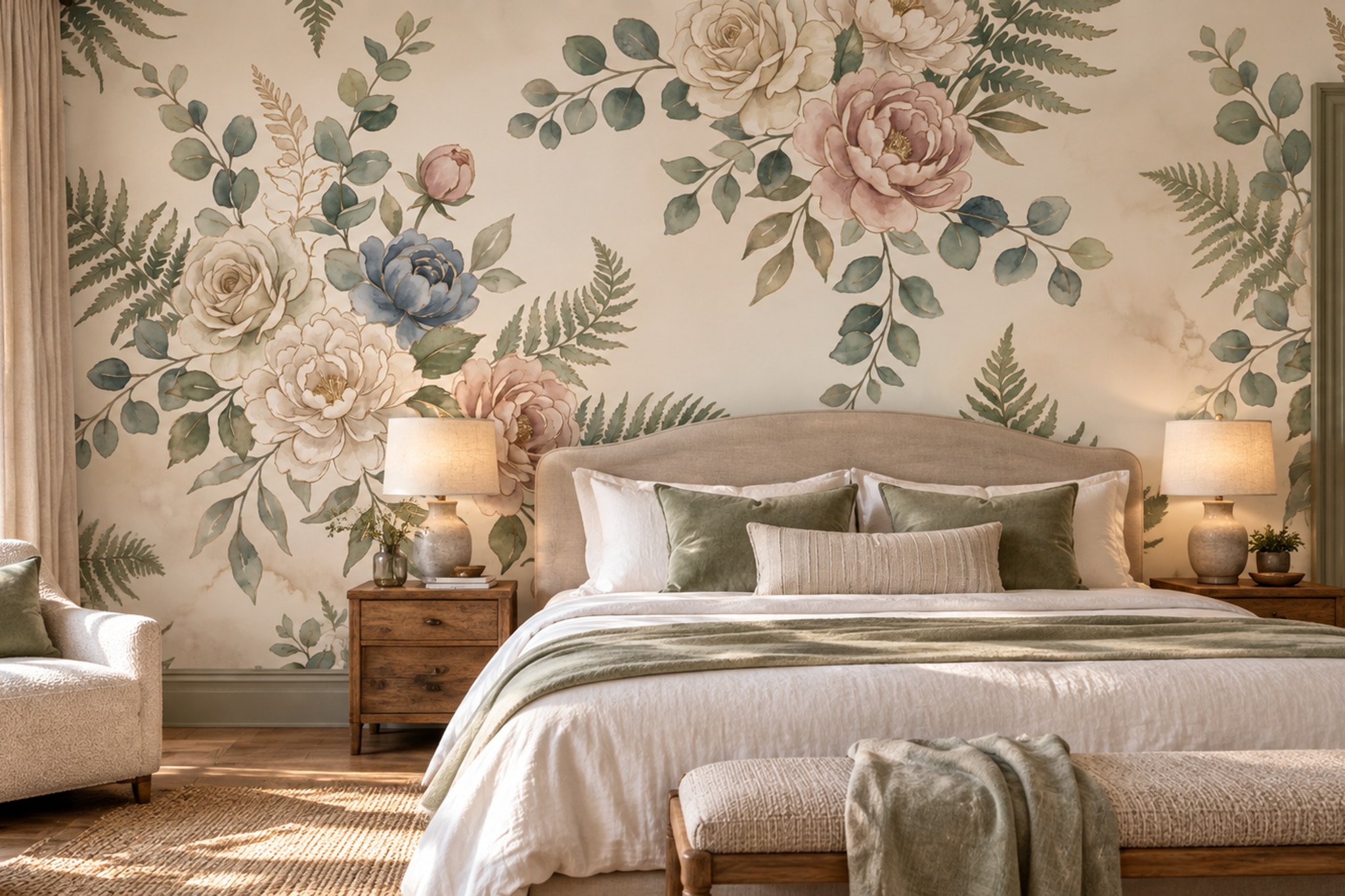 Pink Floral Botanical Wallpaper Mural Layered Living-room-wallpaper-murals, Peel-and-stick Finish