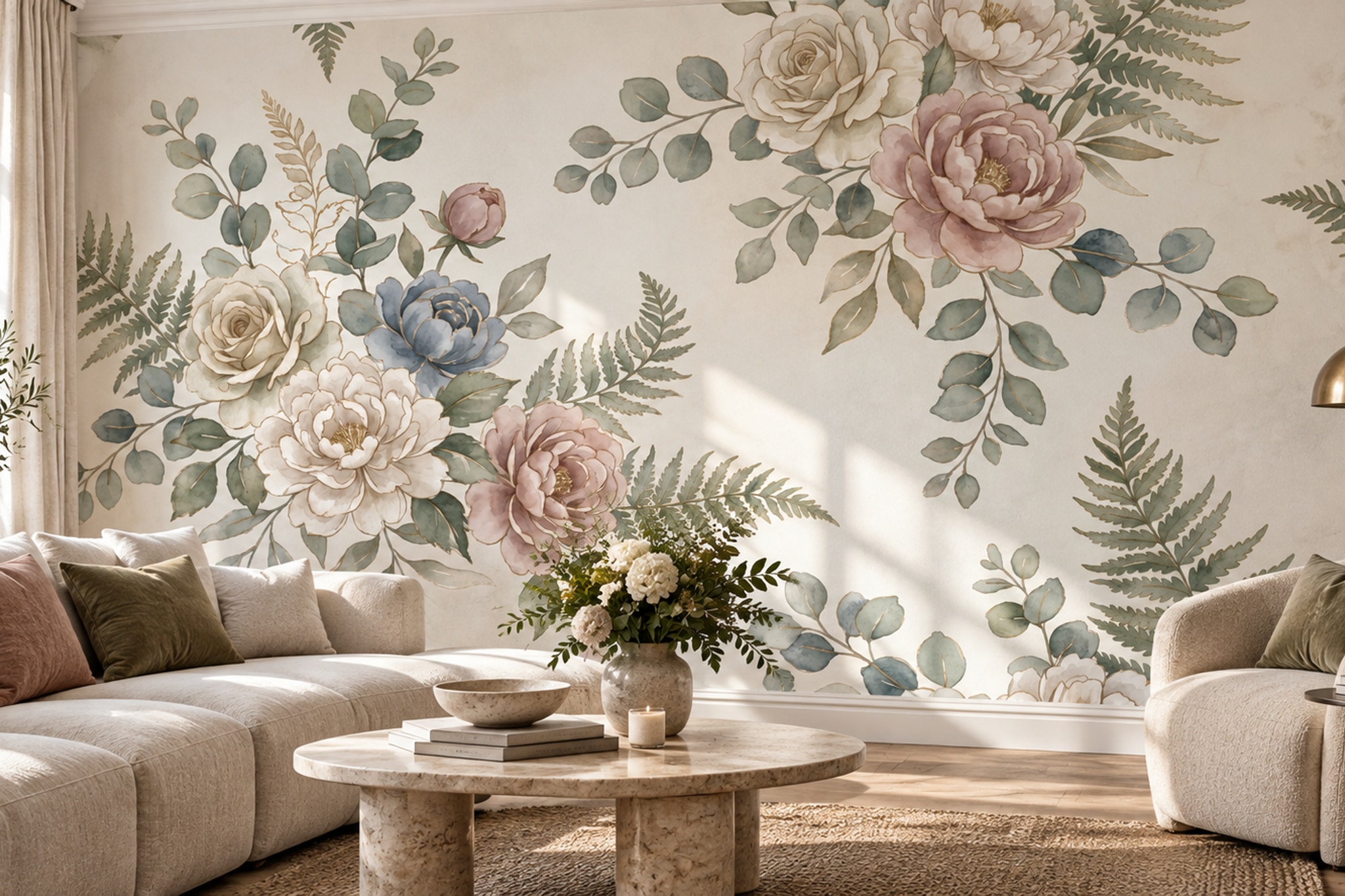 Pink Floral Botanical Wallpaper Mural Layered Living-room-wallpaper-murals, Peel-and-stick Finish
