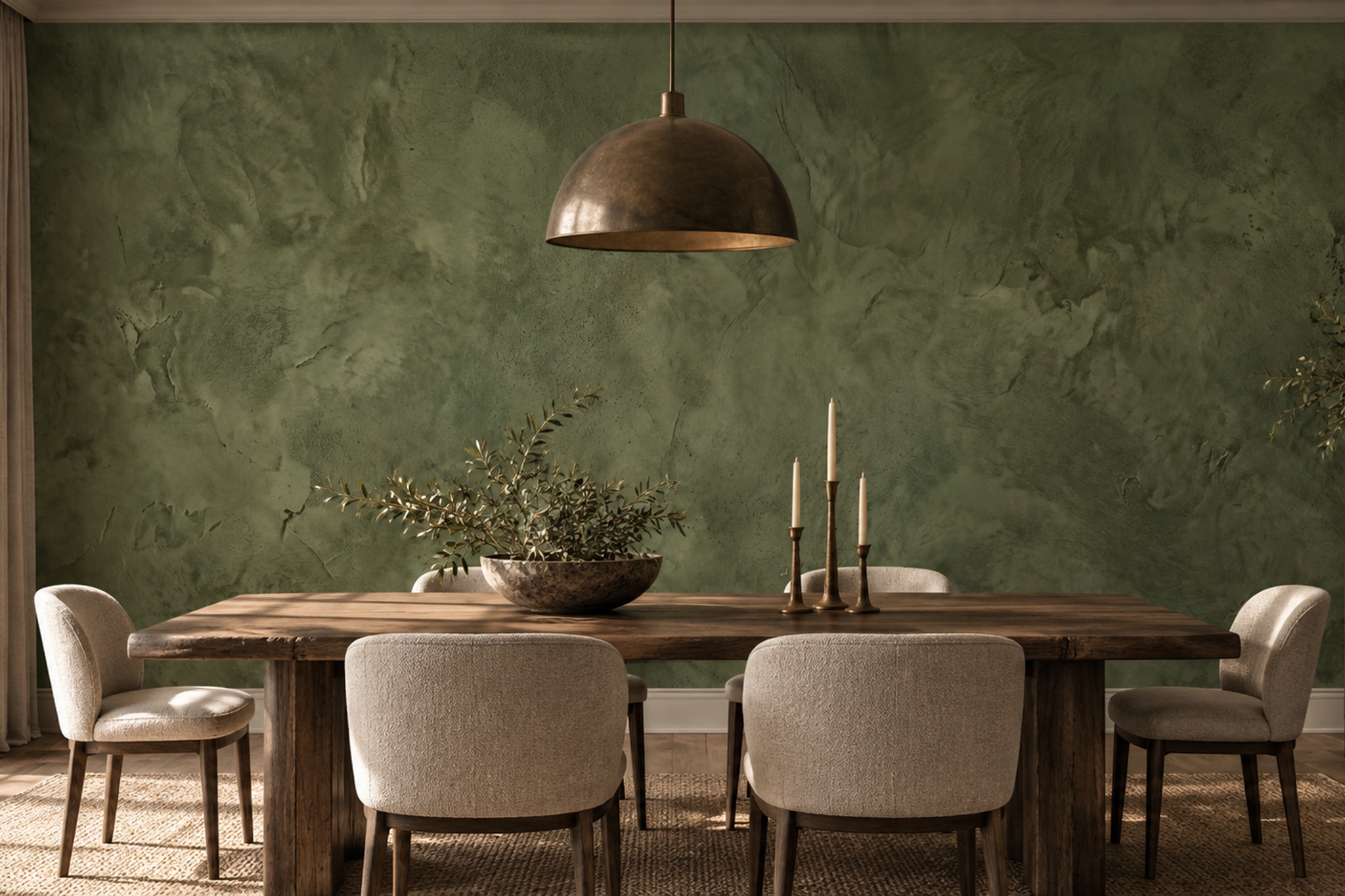 Olive Textured Artful Wallpaper Mural Dining-room-wallpaper-murals, Shown In A Dining Room, Peel-and-stick Finish