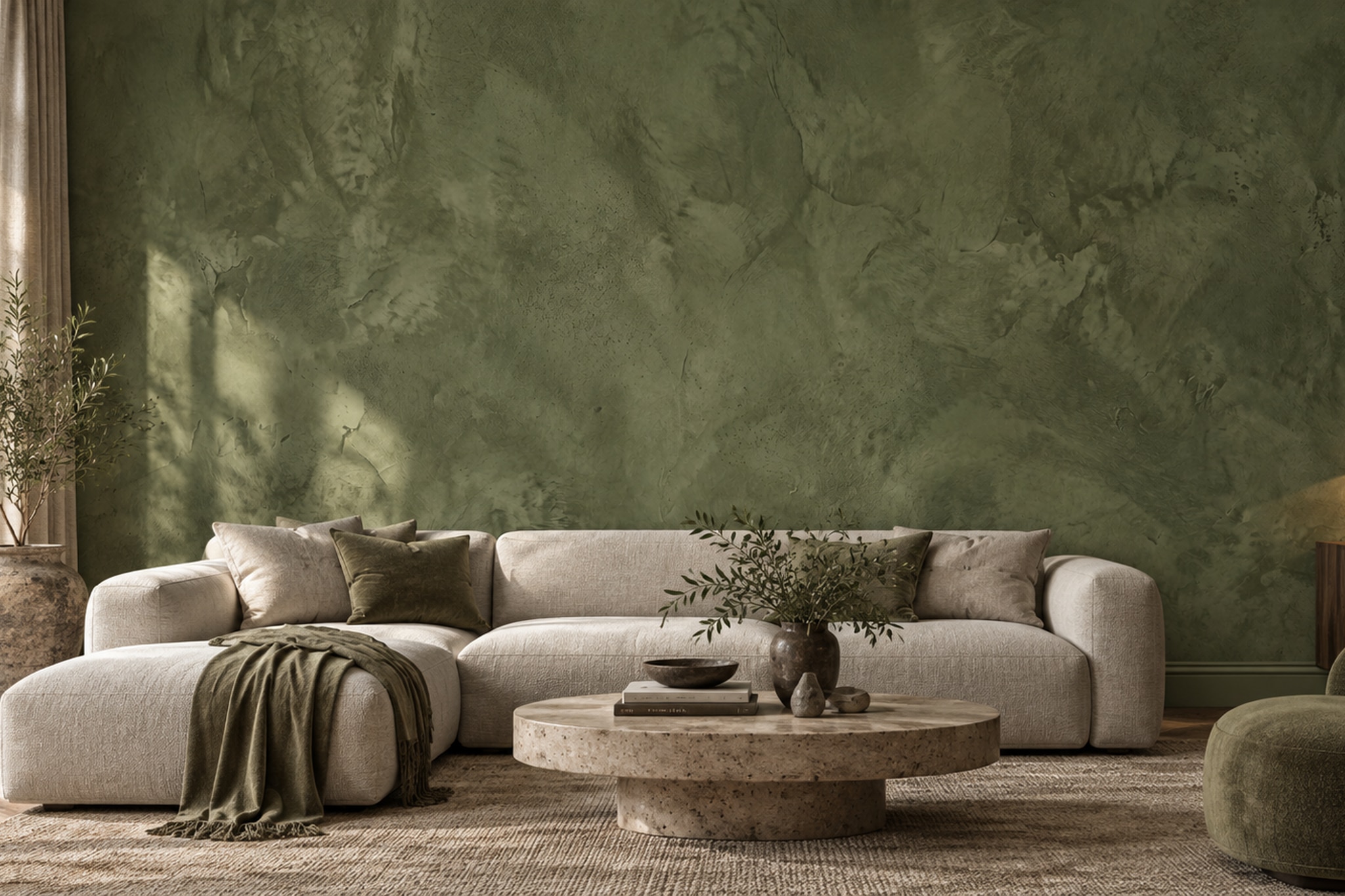 Mottled Olive Green Plaster Texture Wallpaper Mural — Wallpaper Mural Design, Peel-and-stick Finish