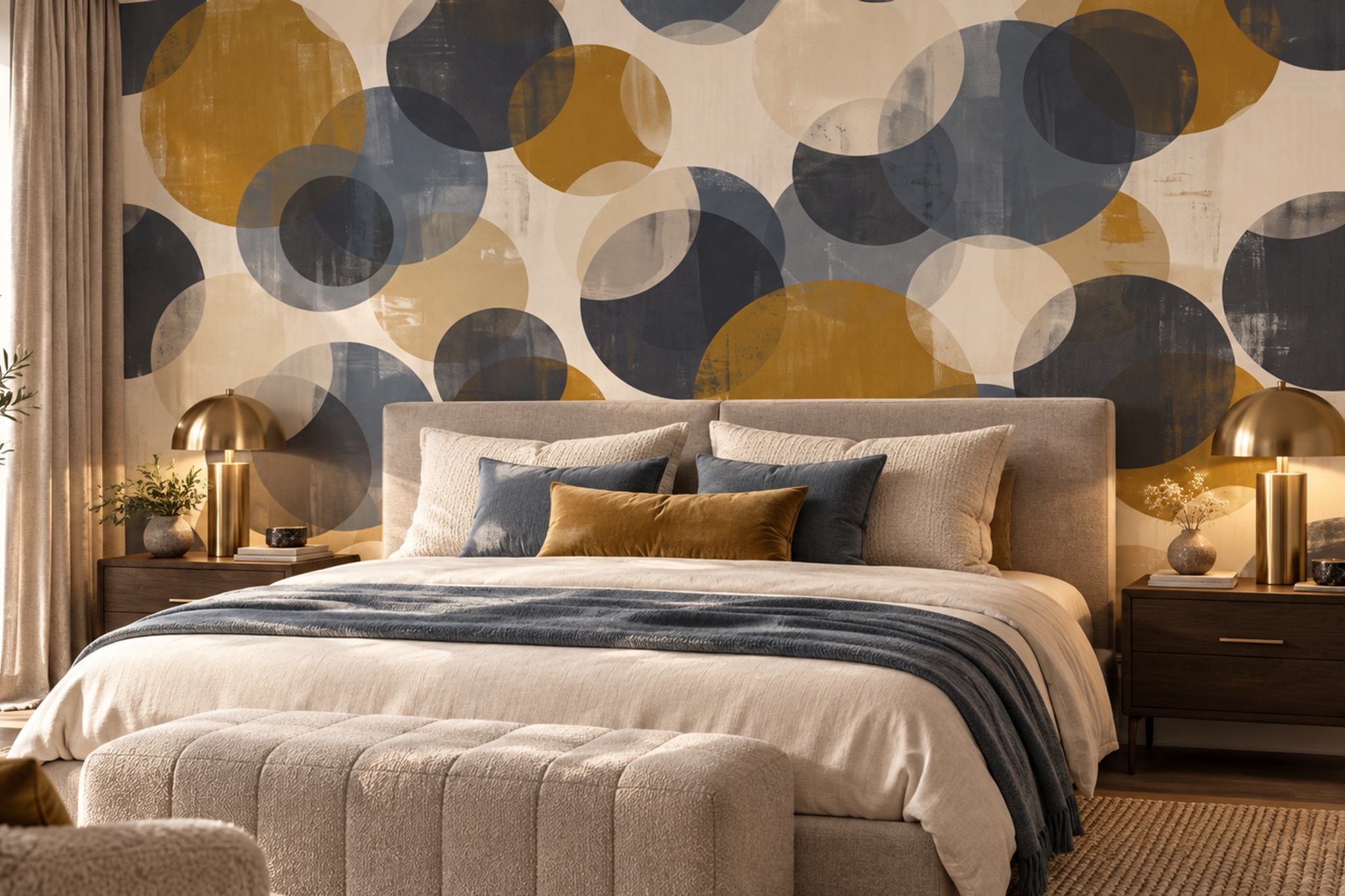 Gold Circular Abstract Wallpaper Mural Bedroom-wallpaper-murals, Peel-and-stick Finish