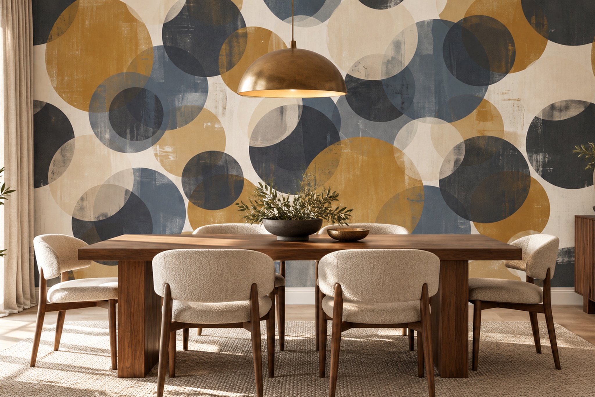 Gold Circular Abstract Wallpaper Mural Dining-room-wallpaper-murals, Shown In A Dining Room, Peel-and-stick Finish
