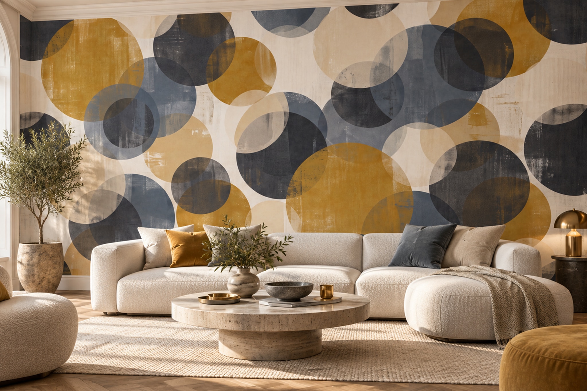 Gold Circular Abstract Wallpaper Mural Accent-wall-wallpaper-murals, Peel-and-stick Finish