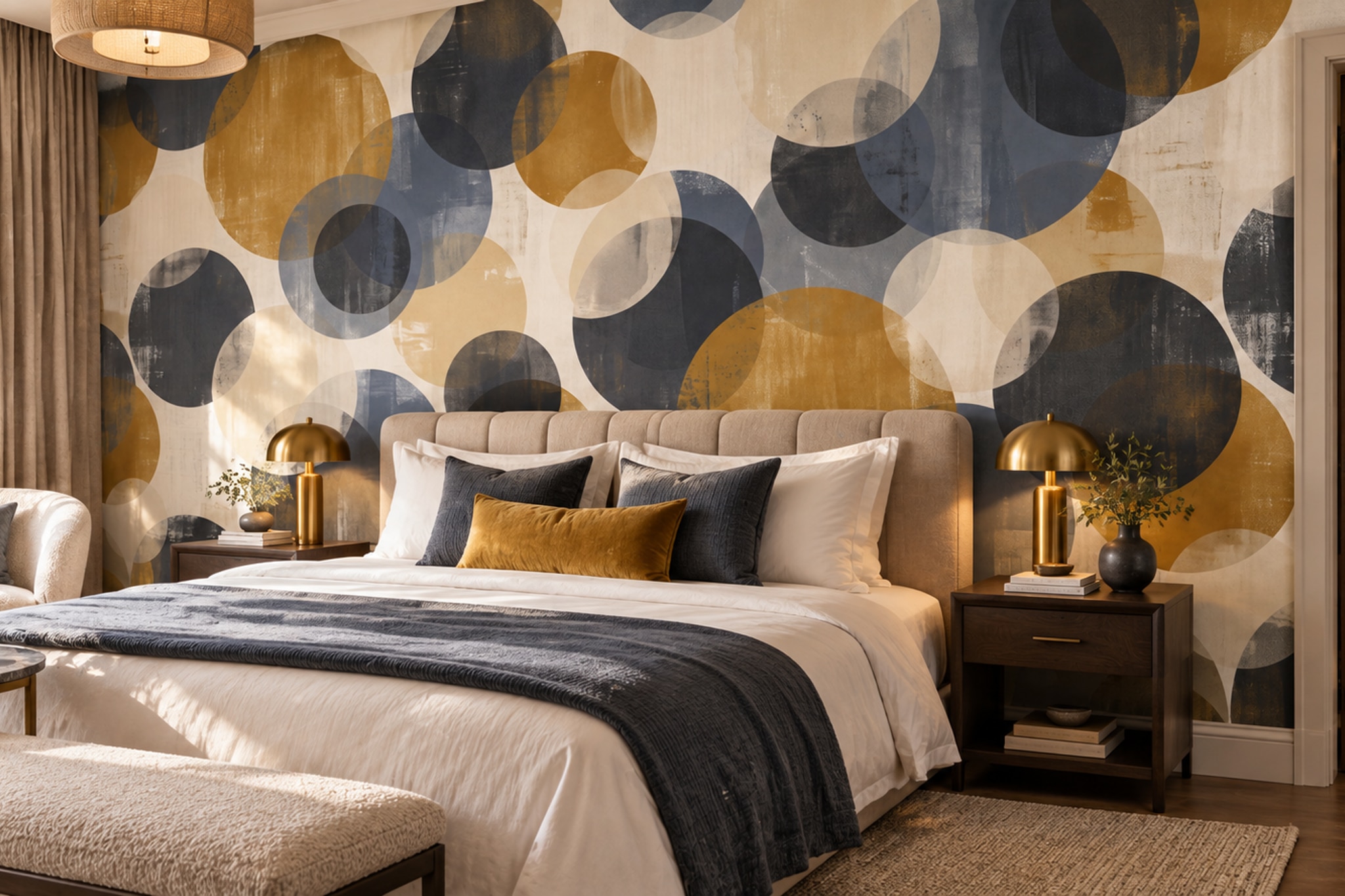 Gold Circular Abstract Wallpaper Mural Bedroom-wallpaper-murals, Peel-and-stick Finish