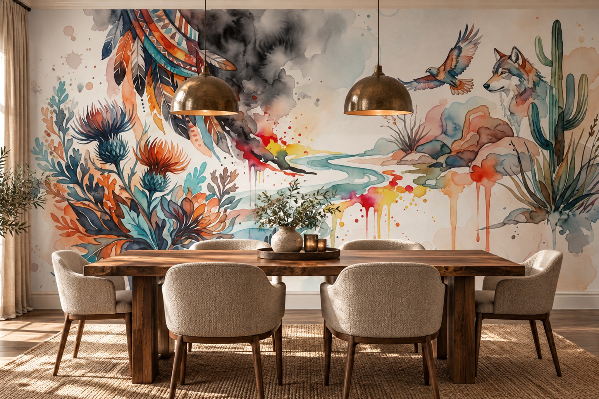 Teal Bird Illustrated Botanical Wallpaper Mural Dining-room-wallpaper-murals, Shown In A Dining Room, Peel-and-stick Finish