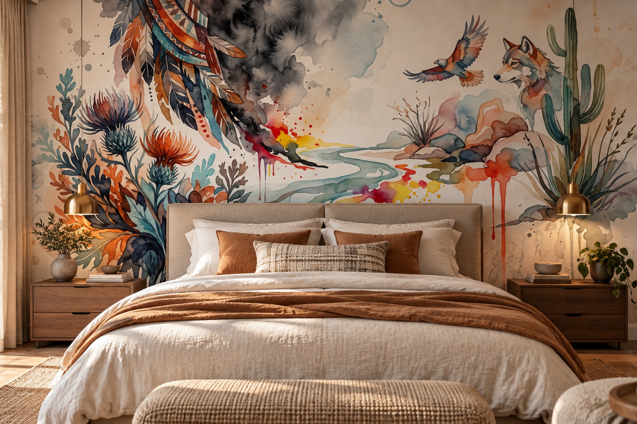 Teal Bird Illustrated Botanical Wallpaper Mural Bedroom-wallpaper-murals, Peel-and-stick Finish