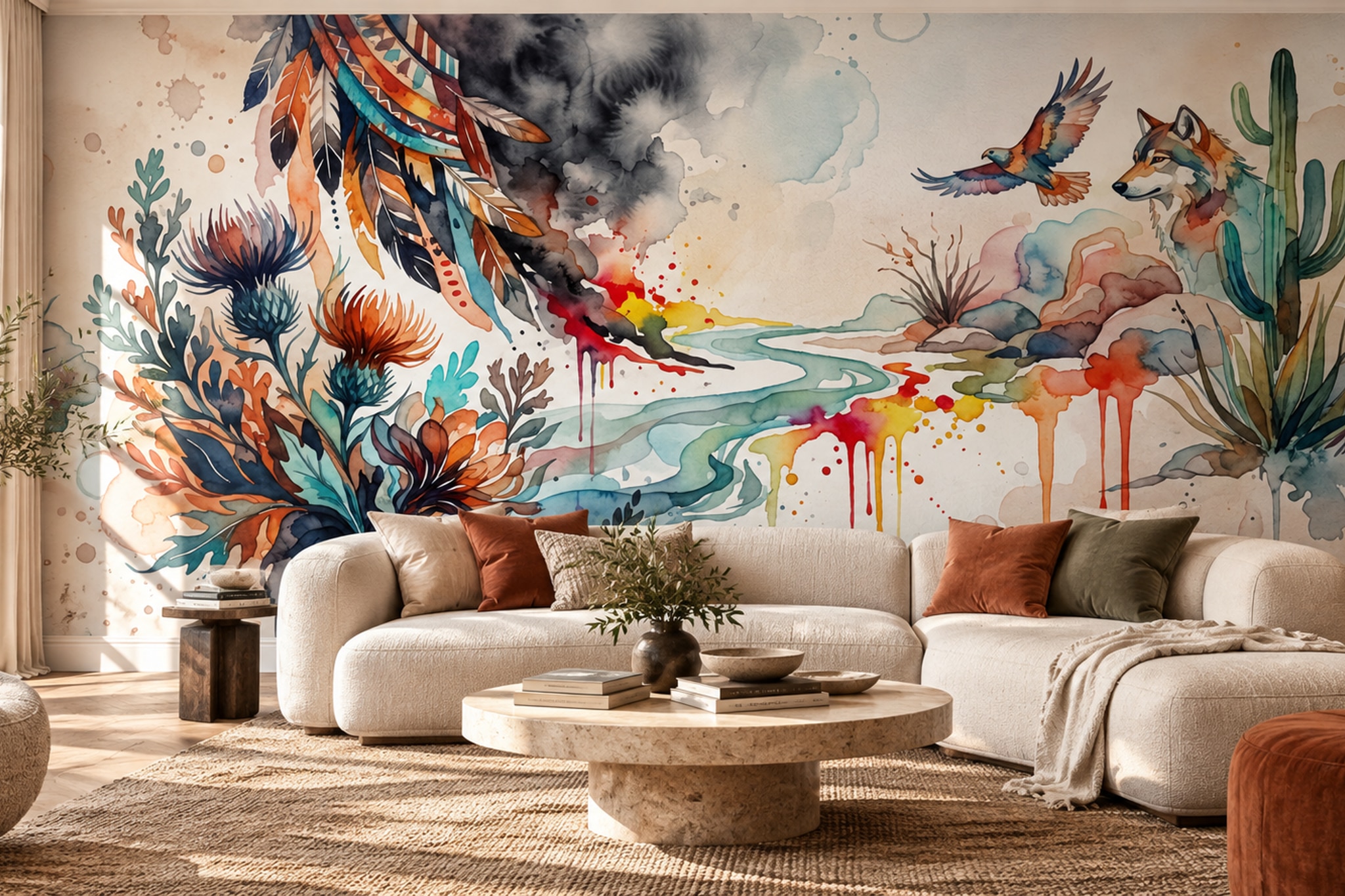 Watercolour Fox Macaw And Desert Plants Wallpaper Mural — Wallpaper Mural Design, Peel-and-stick Finish