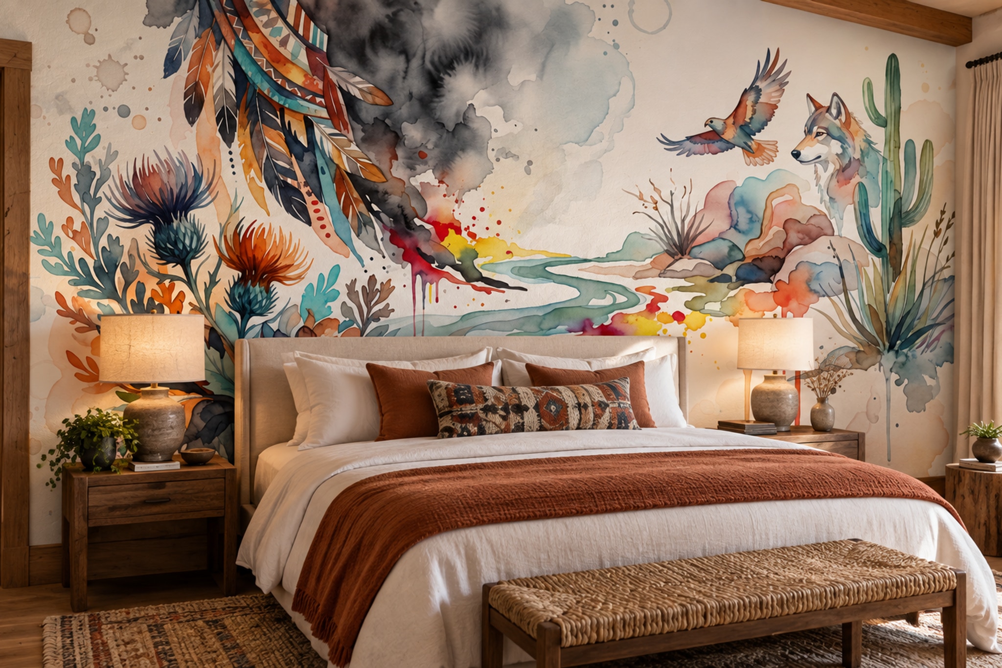 Teal Bird Illustrated Botanical Wallpaper Mural Bedroom-wallpaper-murals, Peel-and-stick Finish