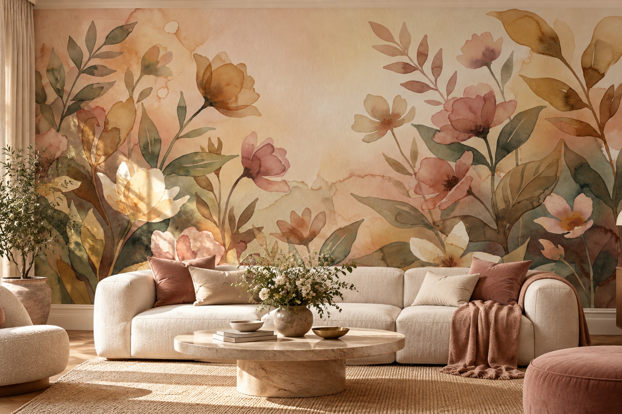 Peach And Blush Watercolour Flowers Wallpaper Mural — Wallpaper Mural Design, Peel-and-stick Finish