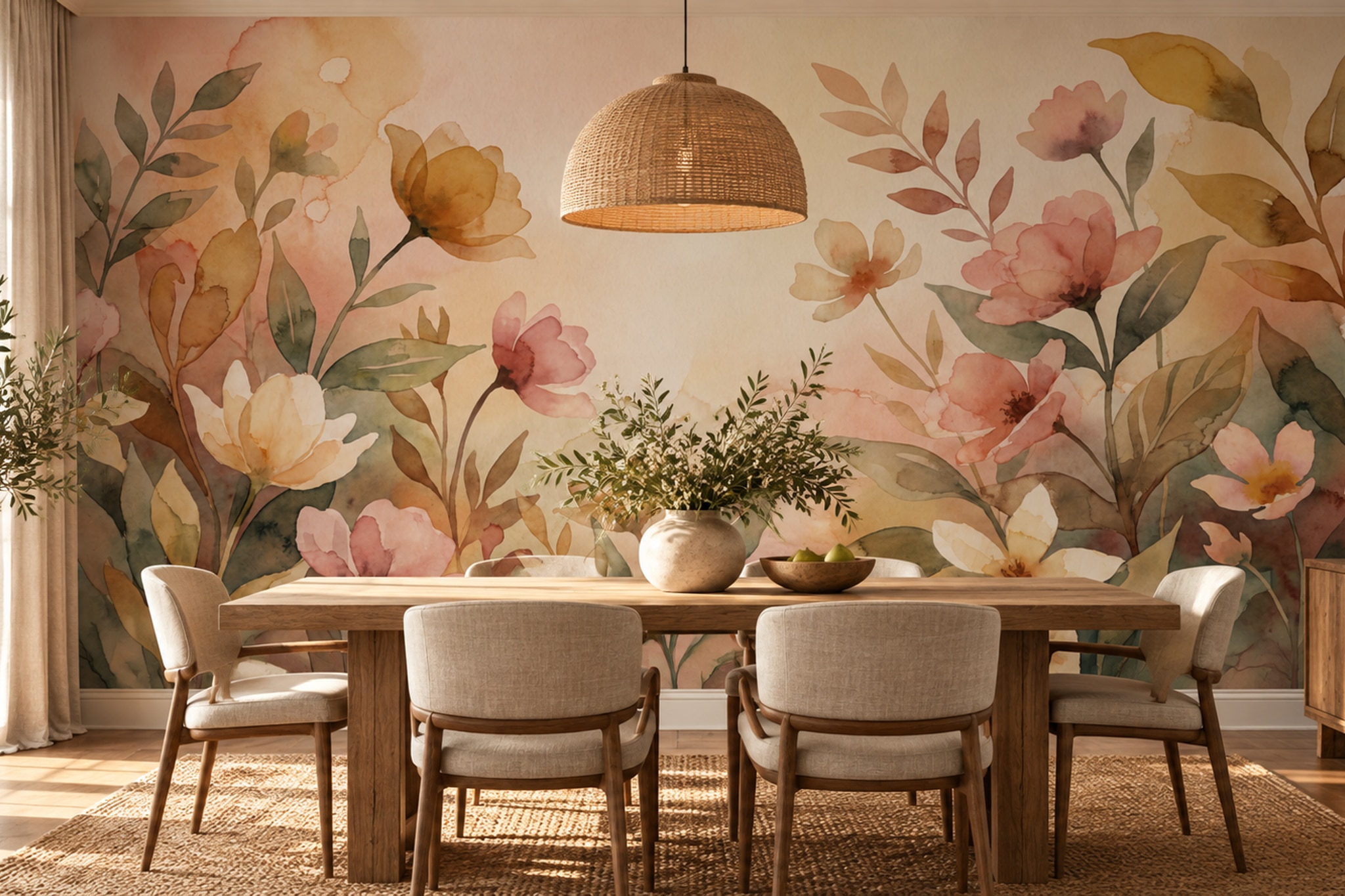 Peach Floral Botanical Textured Wallpaper Mural Dining-room-wallpaper-murals, Peel-and-stick Finish