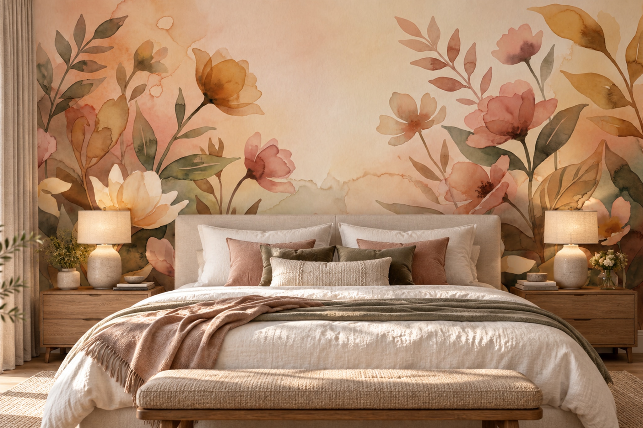 Peach Floral Botanical Textured Wallpaper Mural Bedroom-wallpaper-murals, Peel-and-stick Finish