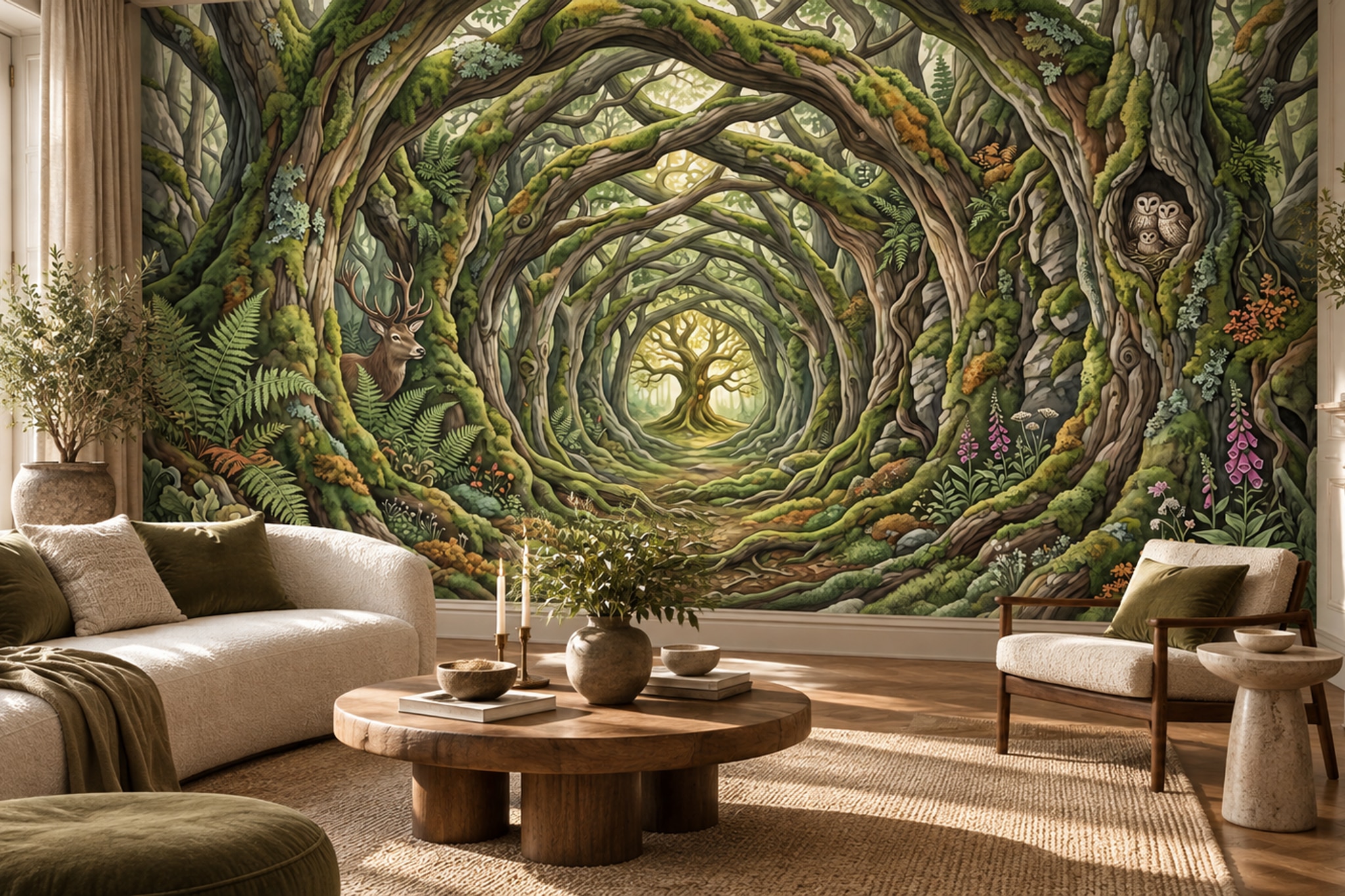 Green Scenic Scenic Organic Wallpaper Mural Dining-room-wallpaper-murals, Peel-and-stick Finish