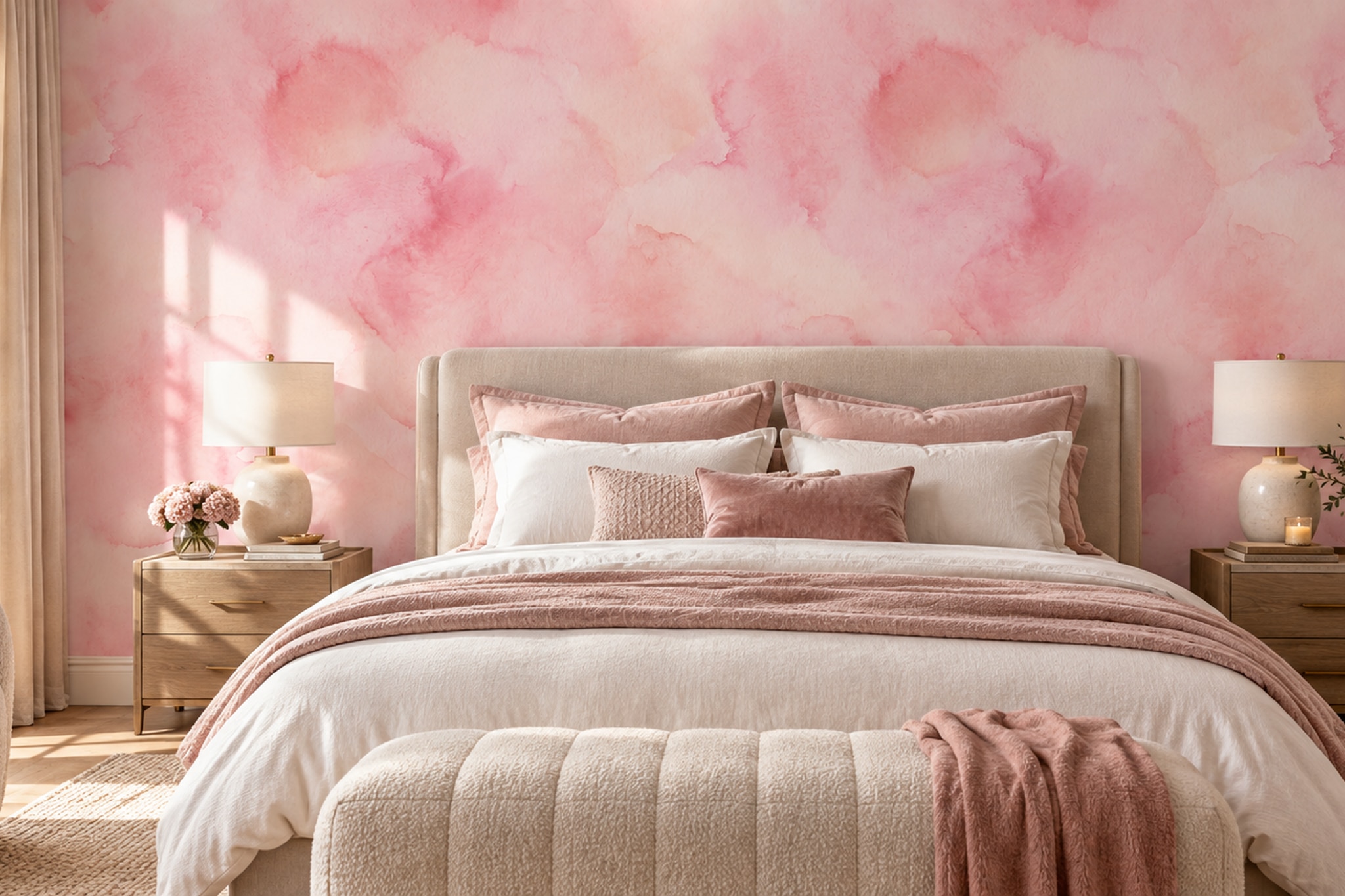 Pink Washed Artful Layered Wallpaper Mural Bedroom-wallpaper-murals, Peel-and-stick Finish